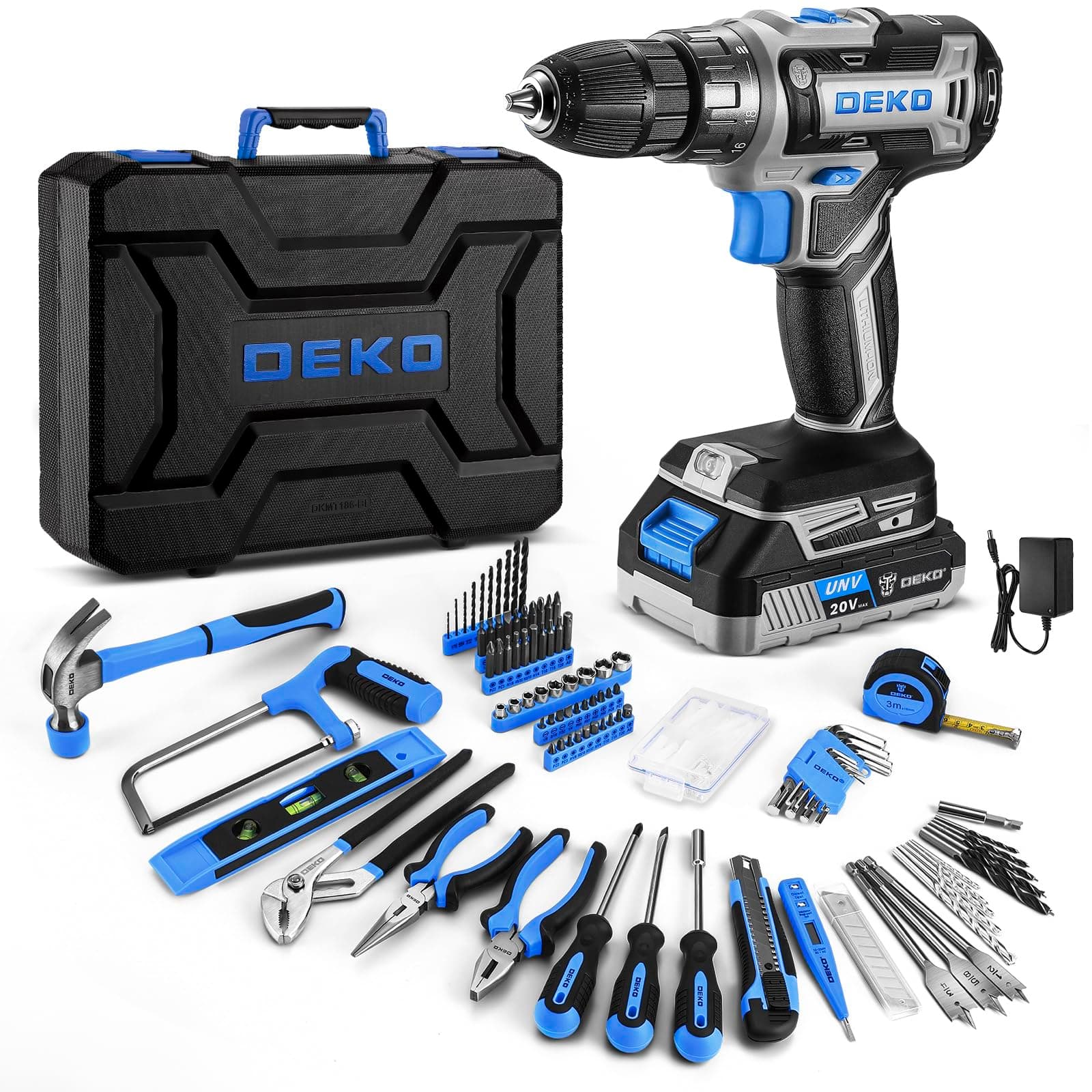 Blue Drill Tool Kit Set: 20V Cordless Power Drill Tool Box with Battery Electric Drill Driver for Men Home Hand Repair Basic Toolbox Tools Sets Drills Case