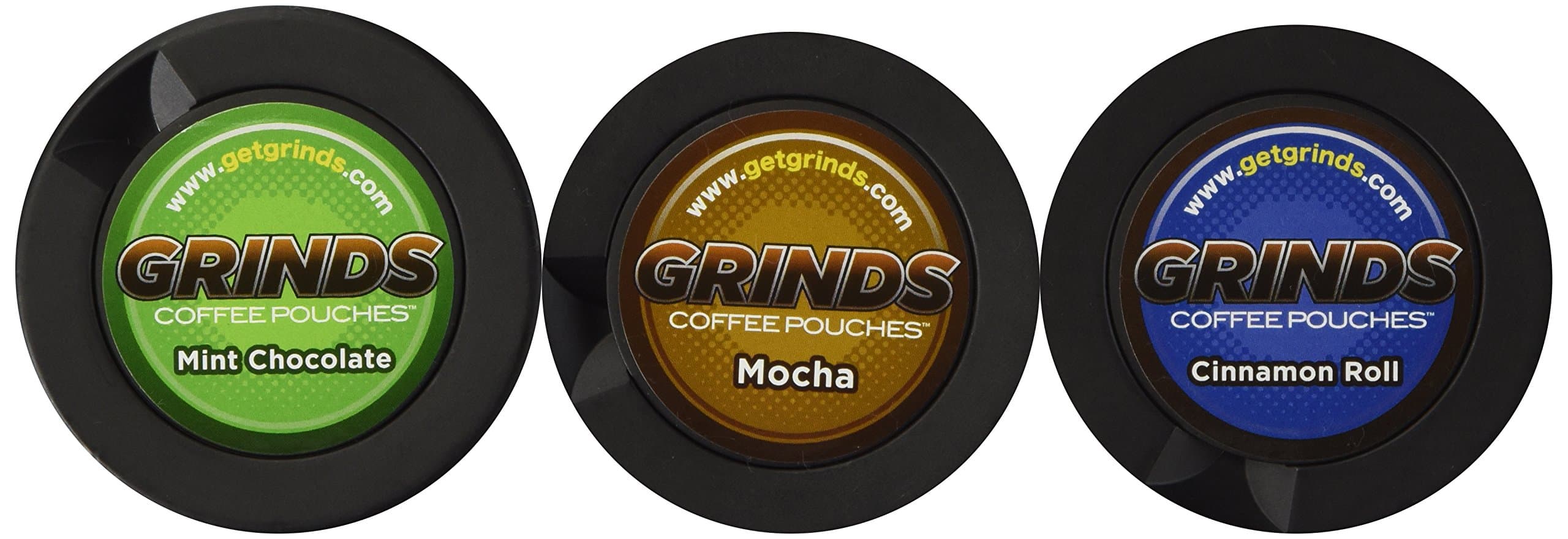 Grinds Coffee Pouches - 6 Can Sampler Pack - Mint Chocolate, Mocha, Cinnamon Roll (2x each) - Tobacco Free, Nicotine Free Healthy Alternative