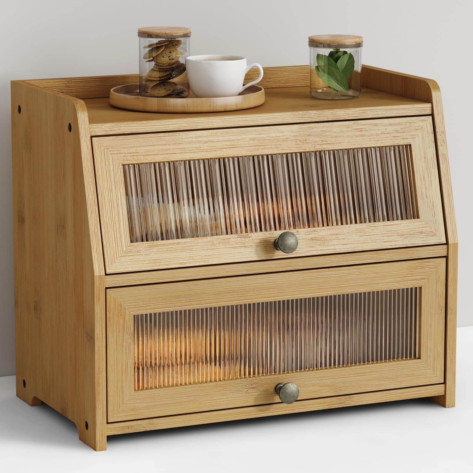 Large Bread Box for Kitchen Countertop, Double Layer Breadbox for Homemade Loaf Bread, Farmhouse Bread Storage Container Bin for Kitchen Counter Pantry Cupboard (Natural Bamboo)