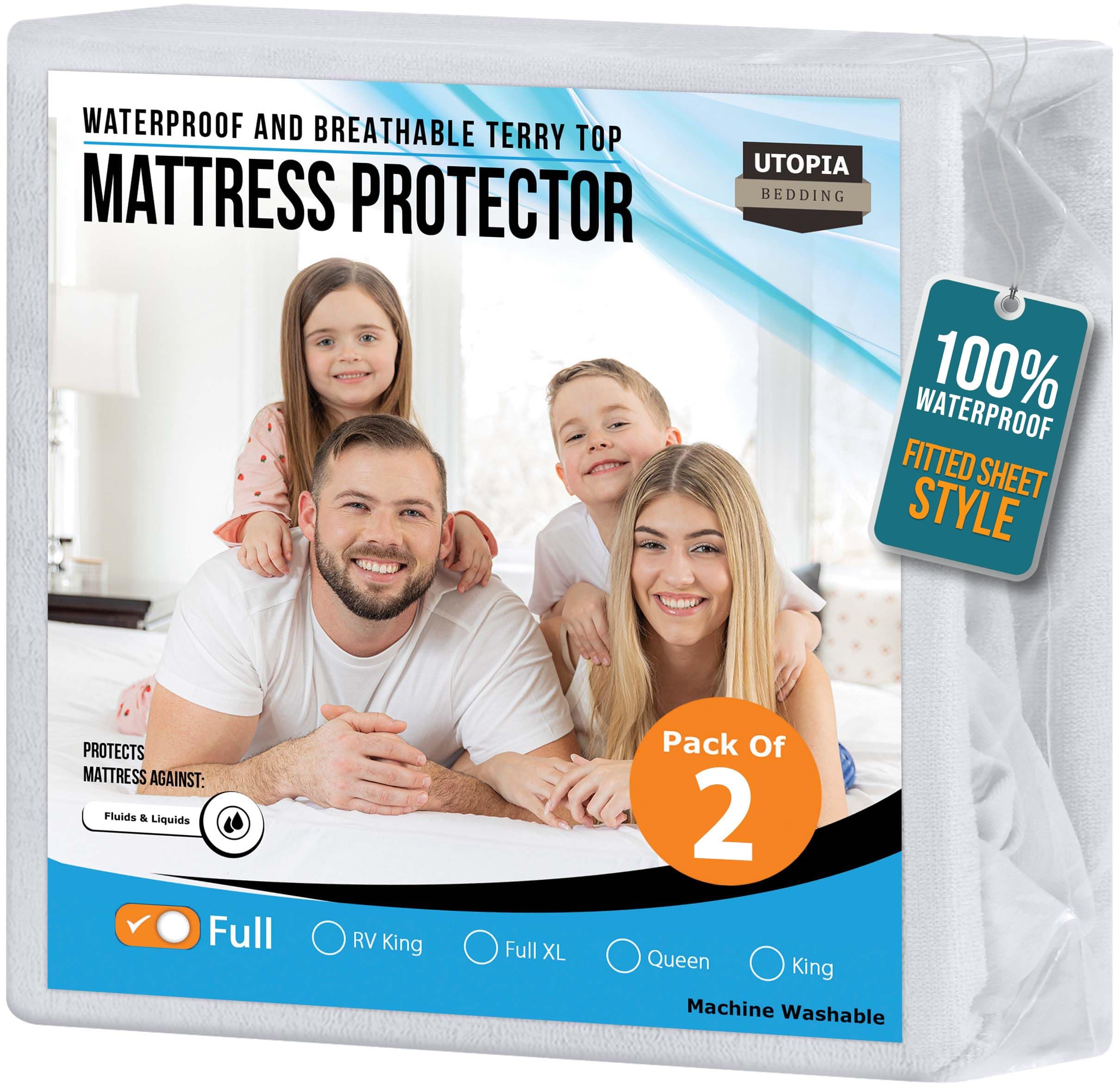 Utopia Bedding Waterproof Mattress Protector Full Size 2 Pack 200gsm Breathable Terry Mattress Cover Fitted Style with Stretchy Pockets (White)