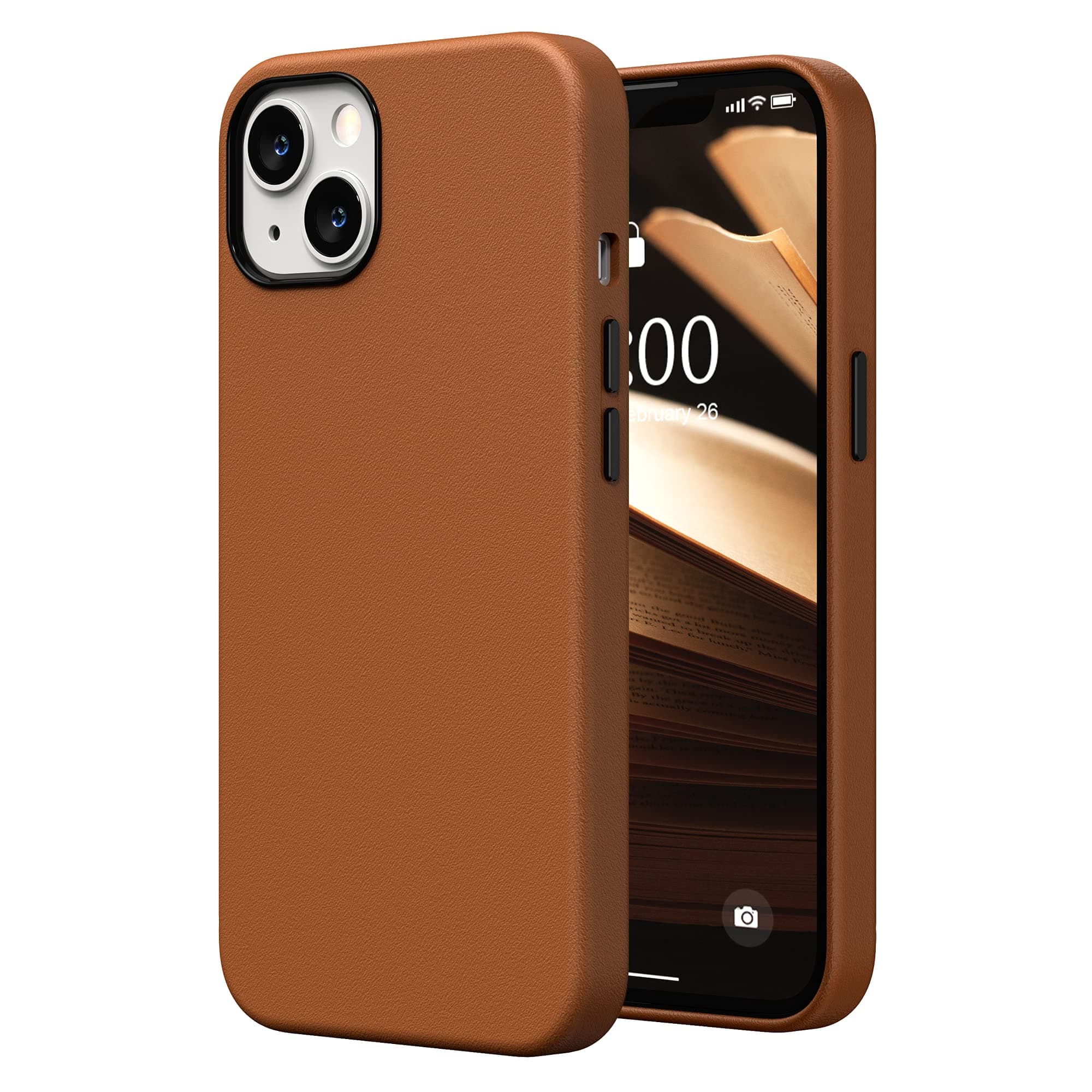 SURPHY Faux Leather Case Compatible with iPhone 13 Case 6.1 inch, Premium PU Leather Case Cover (with Metallic Buttons & Microfiber Lining) for iPhone 13, Brown