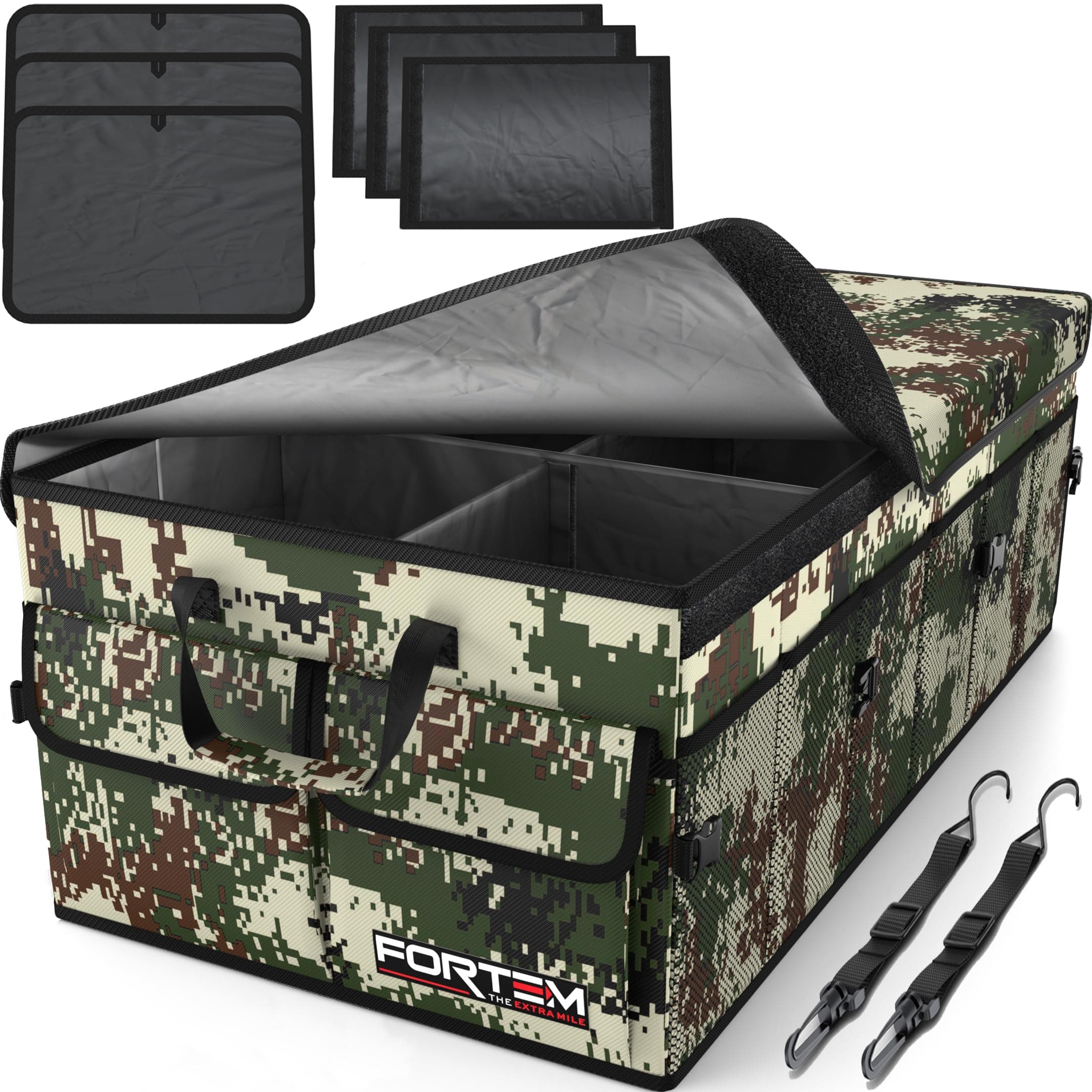 FORTEM Car Boot Organiser, Collapsible Multi Compartment SUV Organizer, Foldable Storage for Car Accessories for Women Men, 600D Oxford, Non Slip Bottom, Securing Straps, Soft Cover (85L)