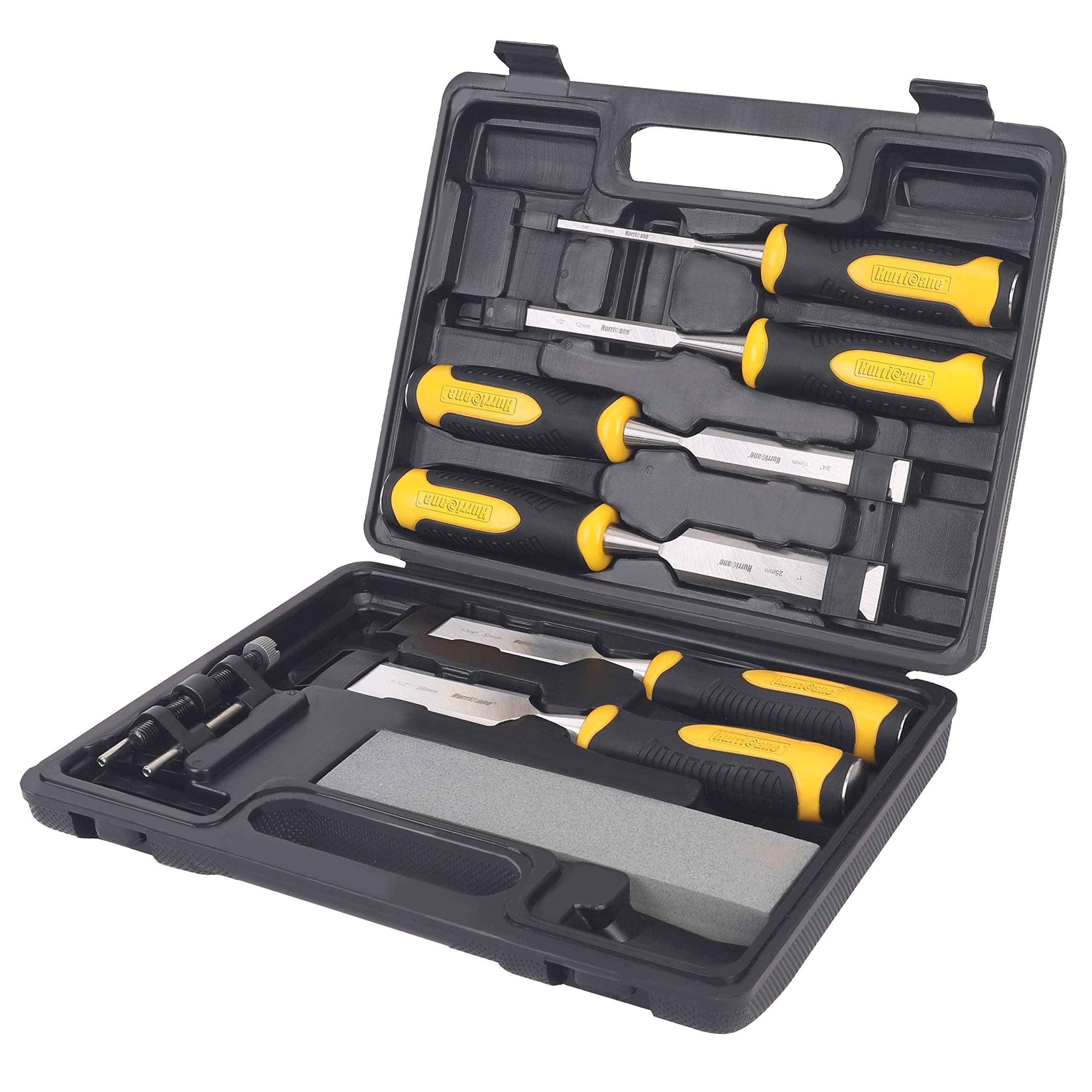 Hurricane 8 pc Premium Wood Chisel Set Cr-V Construction for Woodworking, 6pcs Wood Chisel with 1 Honing Guide, 1 Sharpening Stone, Bi-Material Soft Grip for Woodworking, Carving