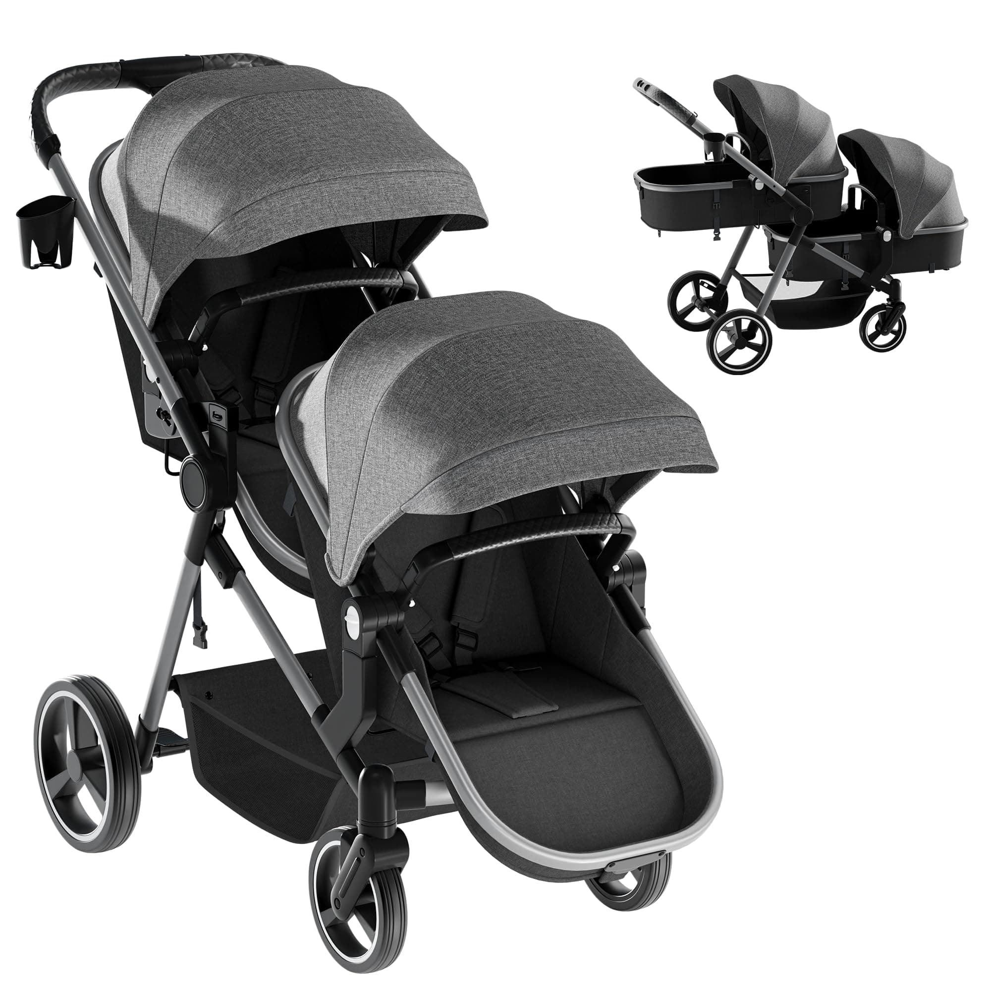 Double Stroller, Foldable Twin Tandem Stroller with Adjustable Backrest, Reversible Seat, 5-Point Harness, Storage Basket, Convertible Baby Bassinet for Infant and Toddler, Gray