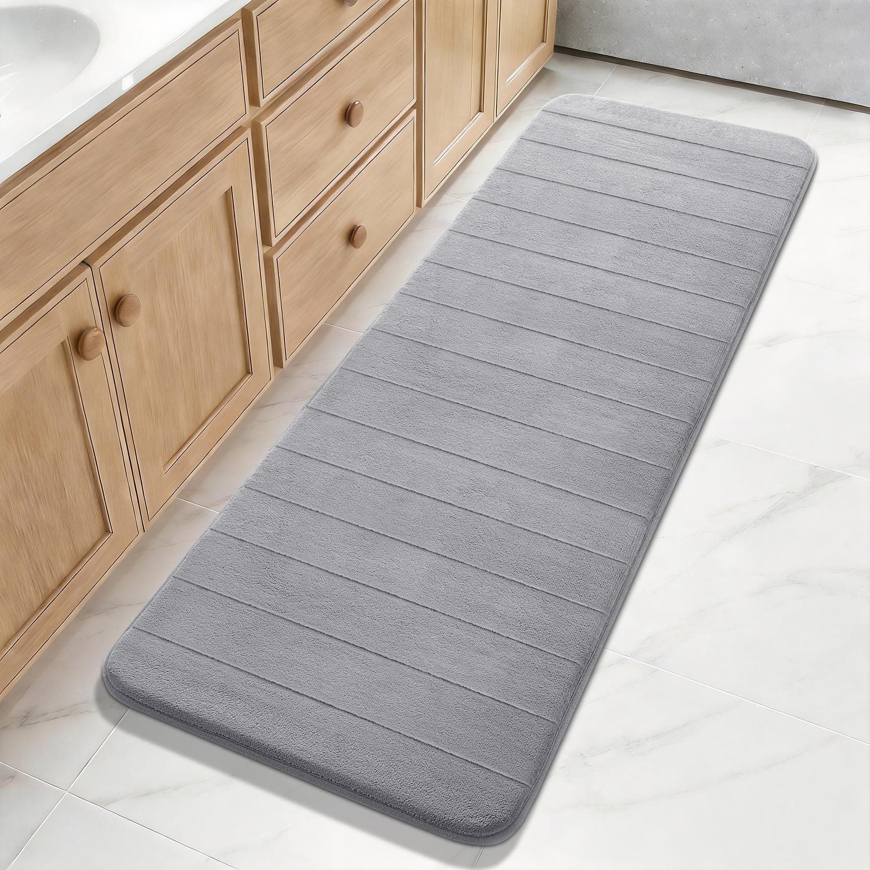 Yimobra Memory Foam Bath Mat Large Size,60.2 x 24 Inches, Soft and Comfortable, Super Water Absorption, Non-Slip, Thick, Machine Wash, Easier to Dry for Bathroom Floor Rug, Gray