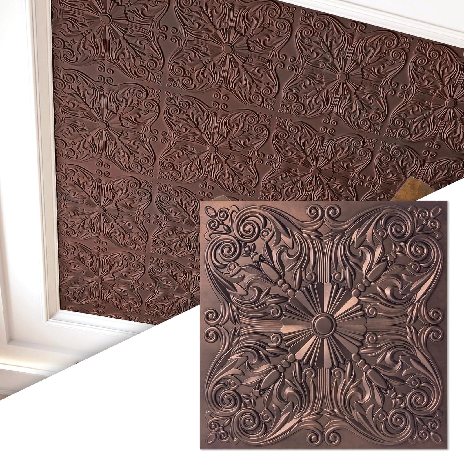 Art3d 12-Pack PVC Drop Ceiling Tiles (48 Sq.Ft), 24"x24" Decorative Panels for Home and Office, 2ft x 2ft, Floral Rose Copper