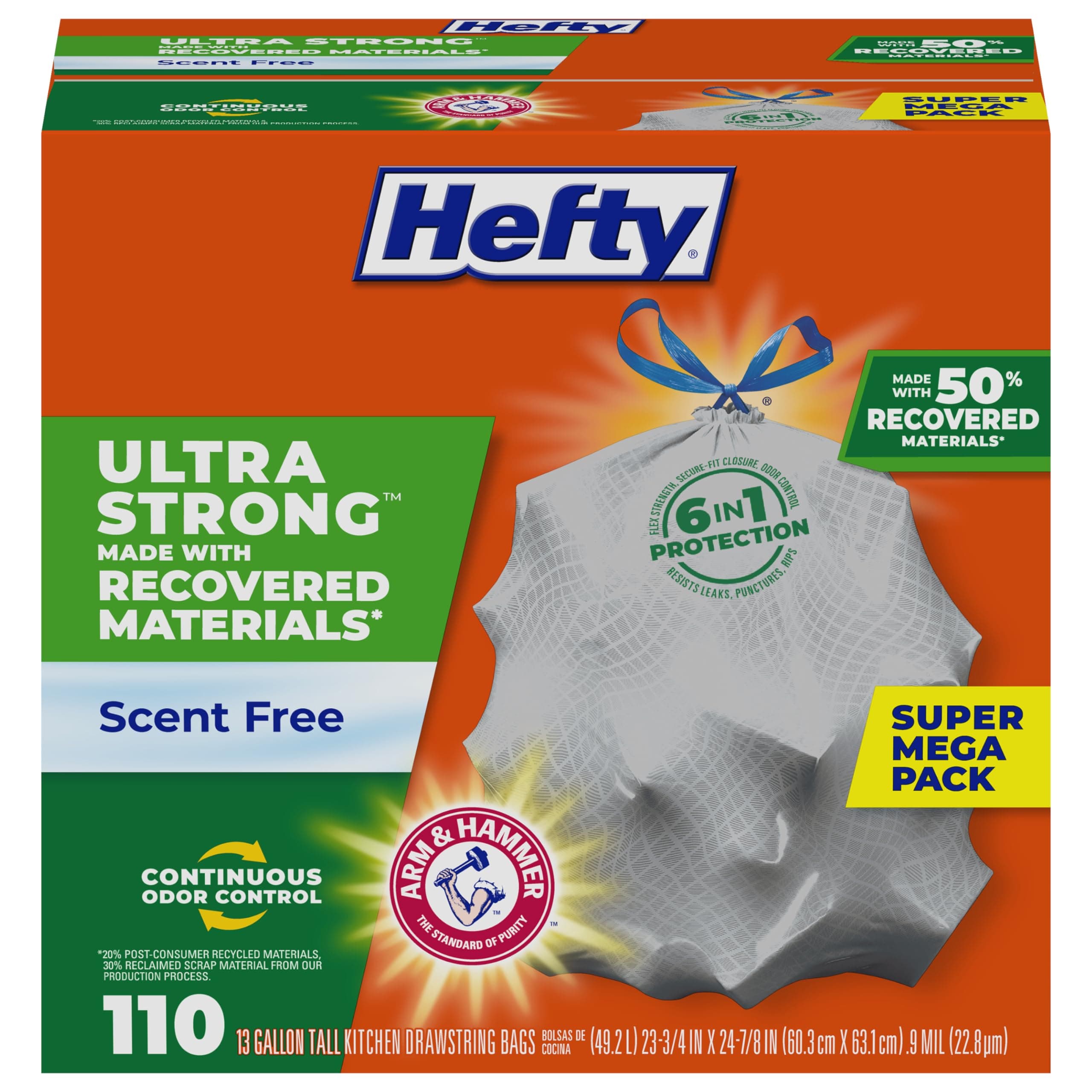 Ultra Strong Made with 50% Recovered Materials* Tall Kitchen Trash Bags, Gray, Unscented, 13 Gallon, 110 Count