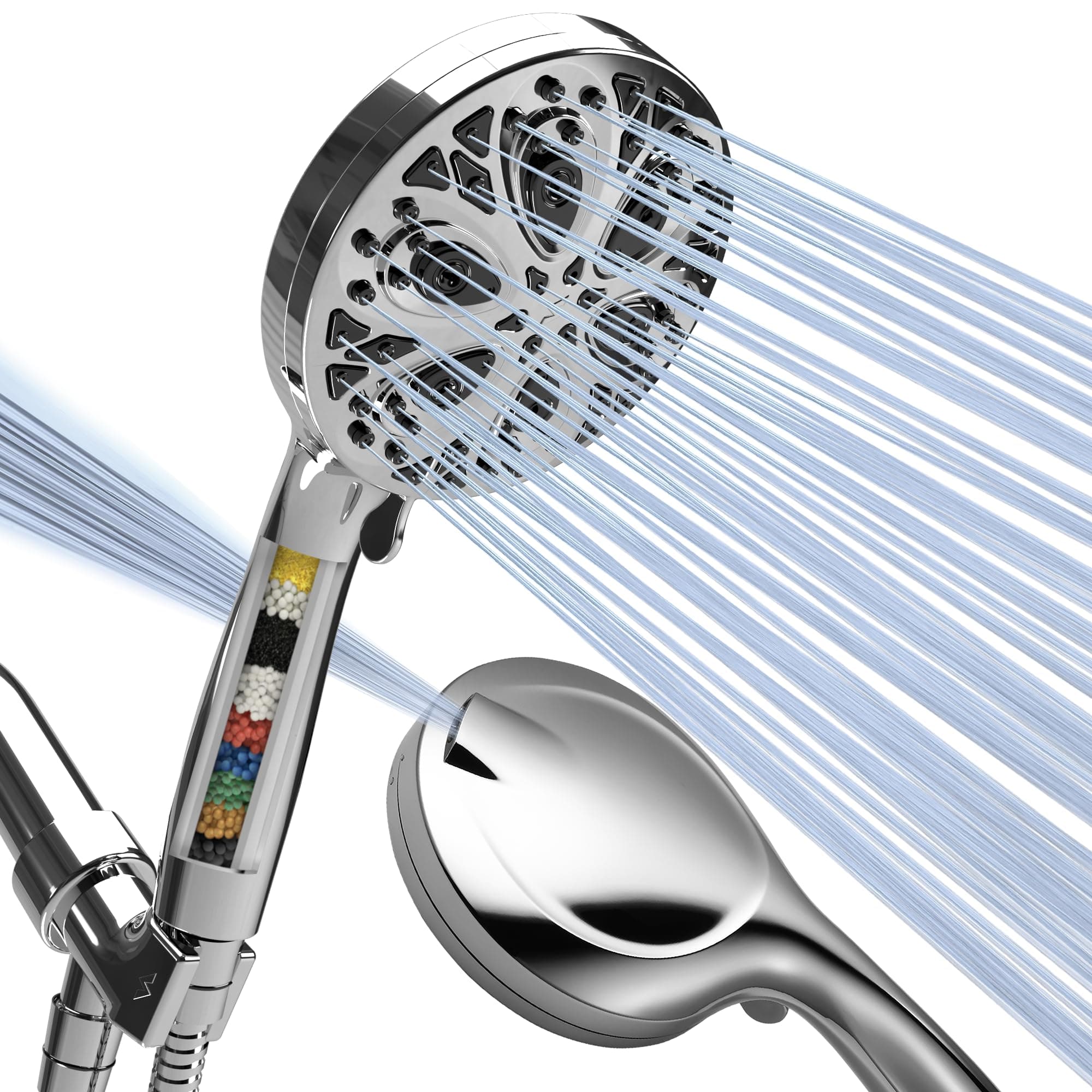 10-Mode Handheld Shower Head with Filter - 5" High Pressure Filtered Shower Head with Touch-to-Clean Nozzles, Built-In Power Jet, Stainless Steel 6ft Hose & Bracket (Polished Chrome)