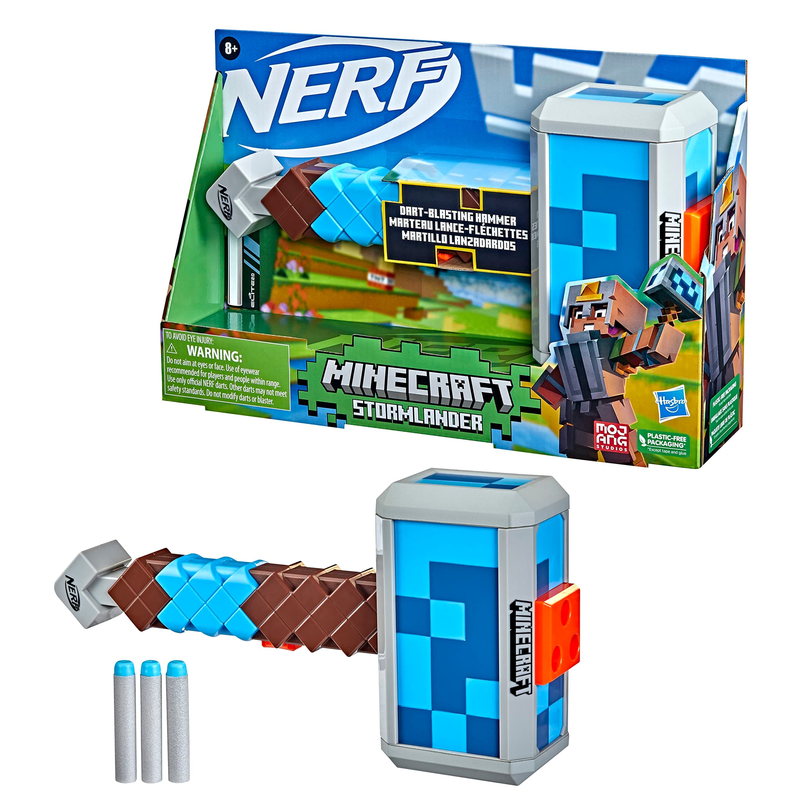 Nerf Minecraft Stormlander Dart-Blasting Hammer, Fires 3 Darts, Includes 3 Nerf Elite Darts, Pull-Back Priming Handle Multicolor 5010993948758