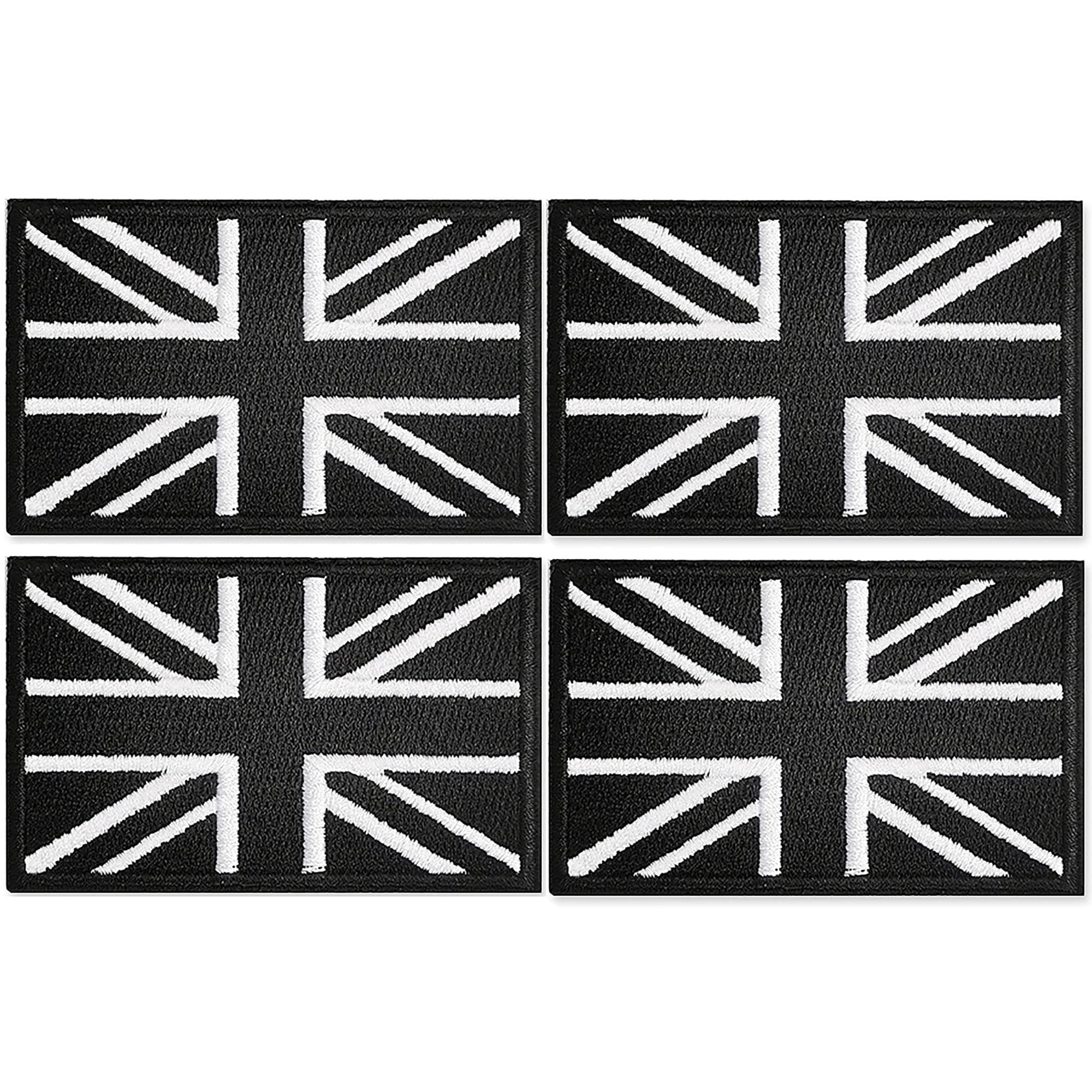 4Pcs British Union Jack Patch Black & White Tactical British Union Jack Flag Patch United Kingdom Embroidered Fabric Patch Hook and Loop Applique for Military Uniform Tactical Bag Jacket Jeans Hat