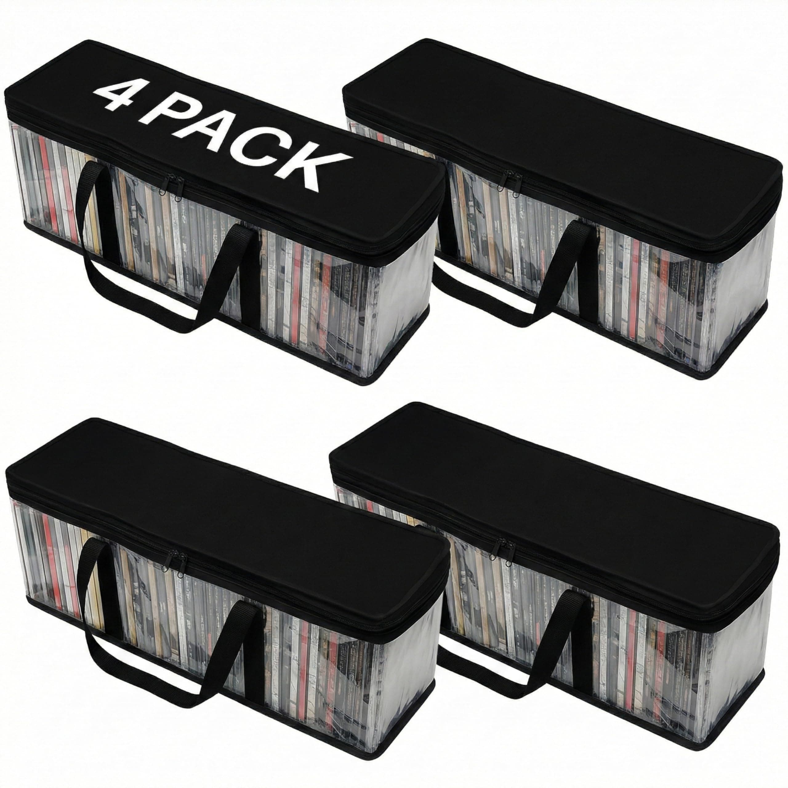 Evelots CD Storage Bags (4 Pack) Clear PVC Plastic Media Carrying Case with Zipper - Holds 200 CDs Total - Strong Handles - Protects CDs, Video Games, Music from Dirt & Moisture