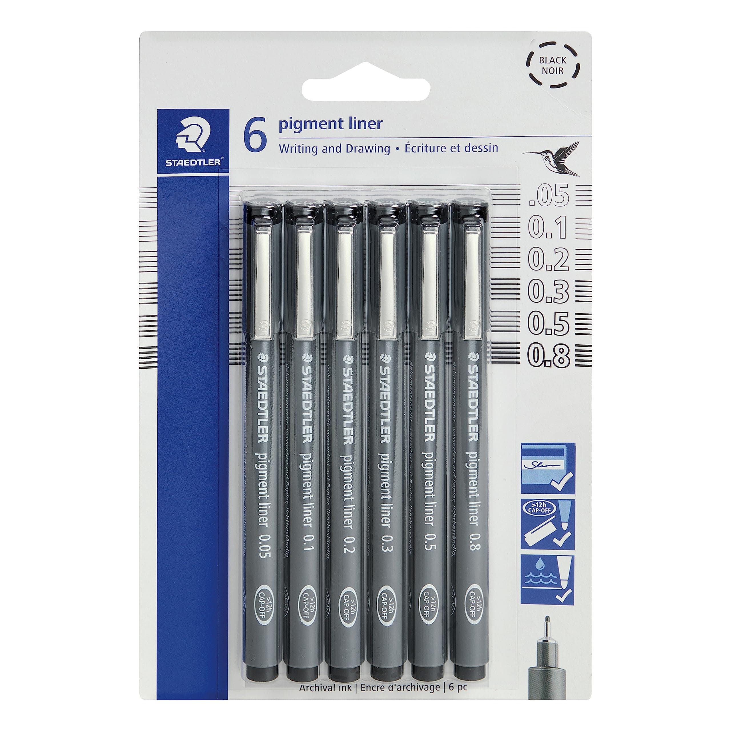 Pigment Liner Pack, Black, 6 Pens, Assorted Line Widths, 0.05mm, 0.1mm, 0.2mm, 0.3mm, 0.5mm, 0.8mm