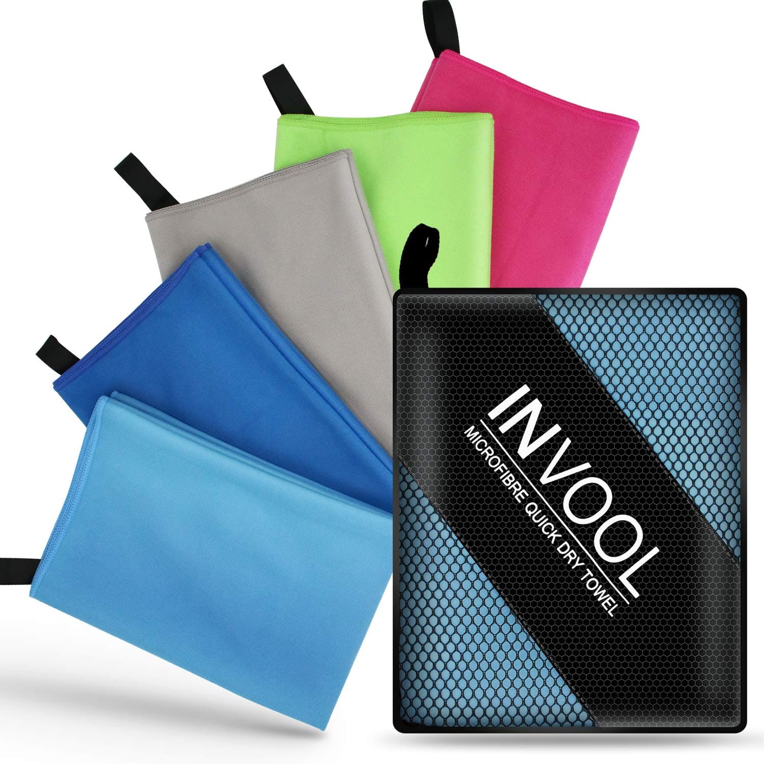 InvoolInvool Microfiber Towel, 5 Colours (Blue) with Carry Bag - Quick Dry Towel for Travel, Camping, Fitness, Beach, Vacation, Fast Drying and Absorbent
