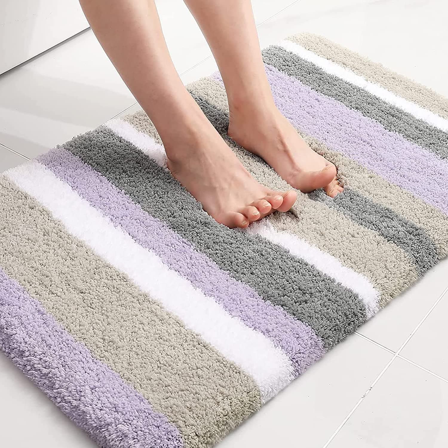 Buganda Microfiber Striped Bathroom Rugs Bath Mat, Extra Thick, Soft and Shaggy, Absorbent, Machine Washable, Bath Rugs for Bathroom, Tub and Shower, 24x16 Inches, Purple-Grey