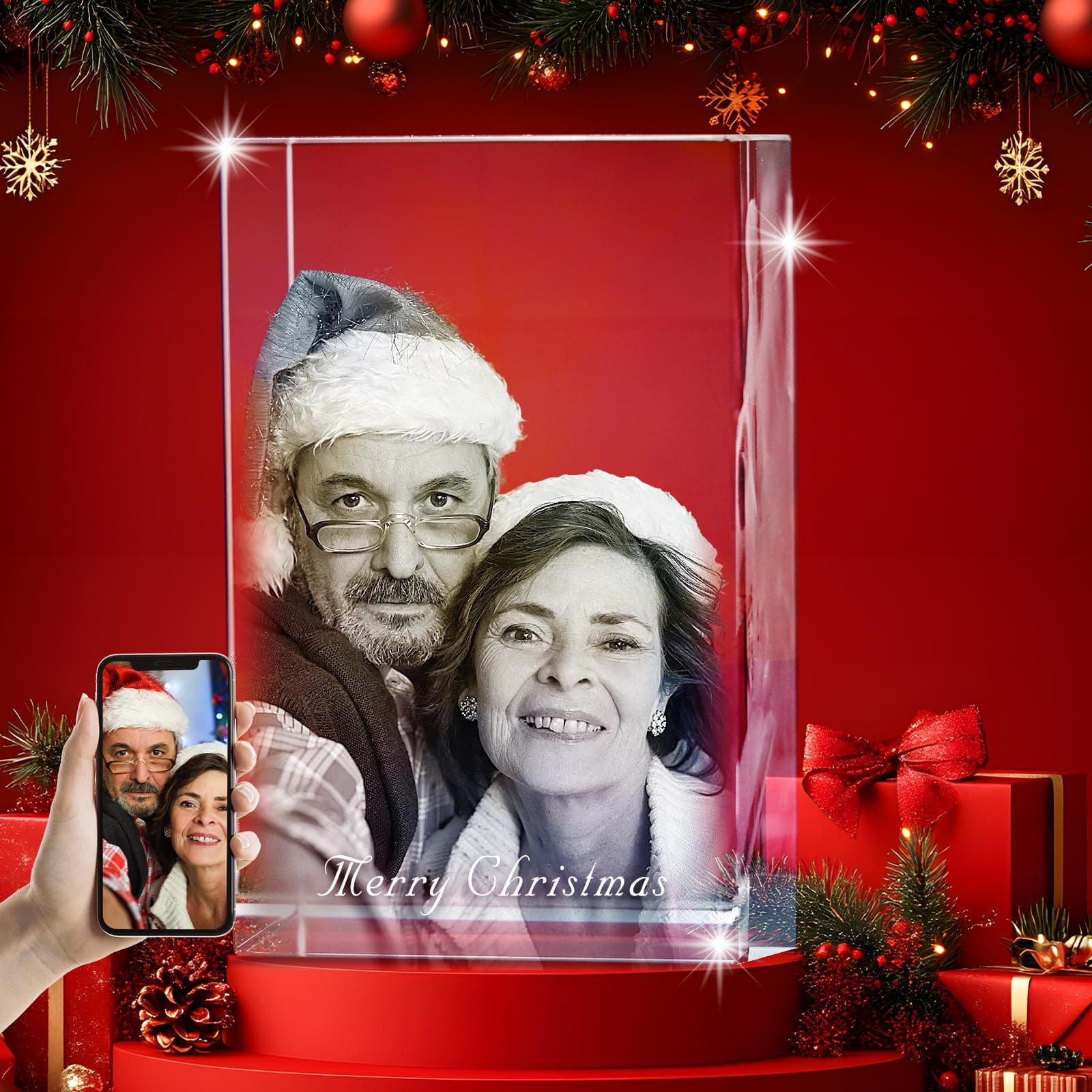 Personalized 3D Crystal Photo - Optional Multicolor Light Base| Gift Box| Customized Laser Etched Krystal Picture for Moms, Dads, Birthdays, Christmas & Celebrations - Rectangular (Large)