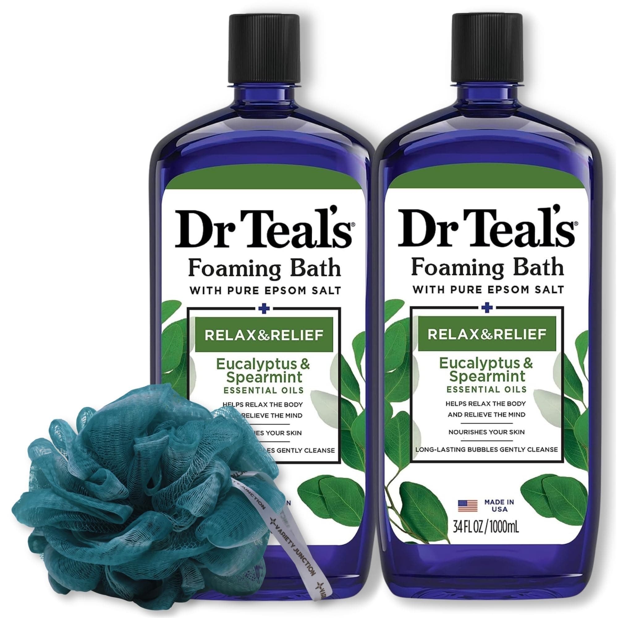 Dr. Teal's Eucalyptus and Spearmint Foaming Bath 34oz Bottles (Pack of 2) with Variety Junction Premium Bath Sponge - Relax and Relief, Bubble Bath, Relaxing, Men's and Women's, Clear