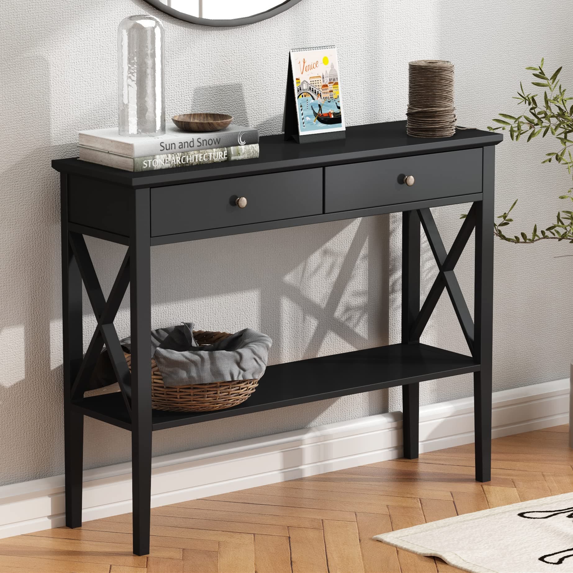 ChooChoo Console Table with Drawers, Narrow Wood Accent Sofa Table, Entryway Table with Storage Shelves for Entryway, Hallway, Living Room, Black