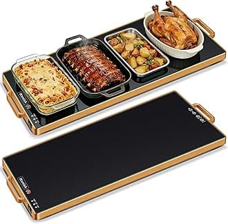 Electric Warming Tray (XXL 32”x18”),Food Warmers for Parties Buffet with Thermostat & Full Surface Heating, Tempered Glass Warming Mat for Food, Temperature Adjustable Gold Handles Food Warming Mat
