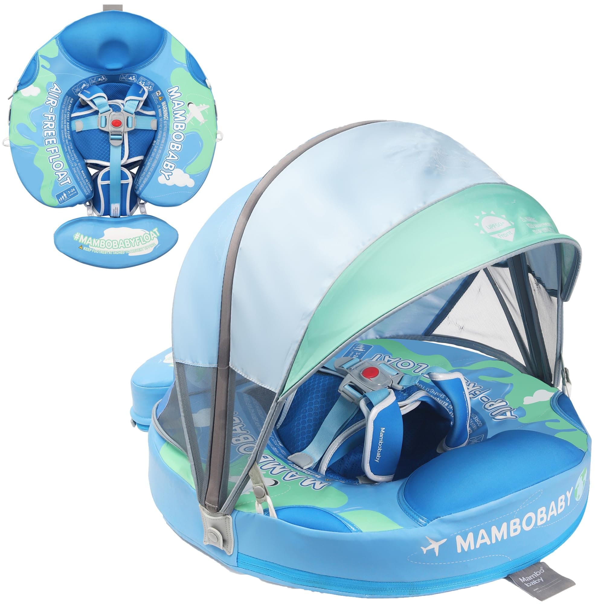 Mambobaby Float with Canopy Non Inflatable Baby Pool Float Upgraded Tail Toddler Baby Float with Removable Sun Canopy Safety Swim Float No Flip Over for Age 3-24 Months, Earth Blue