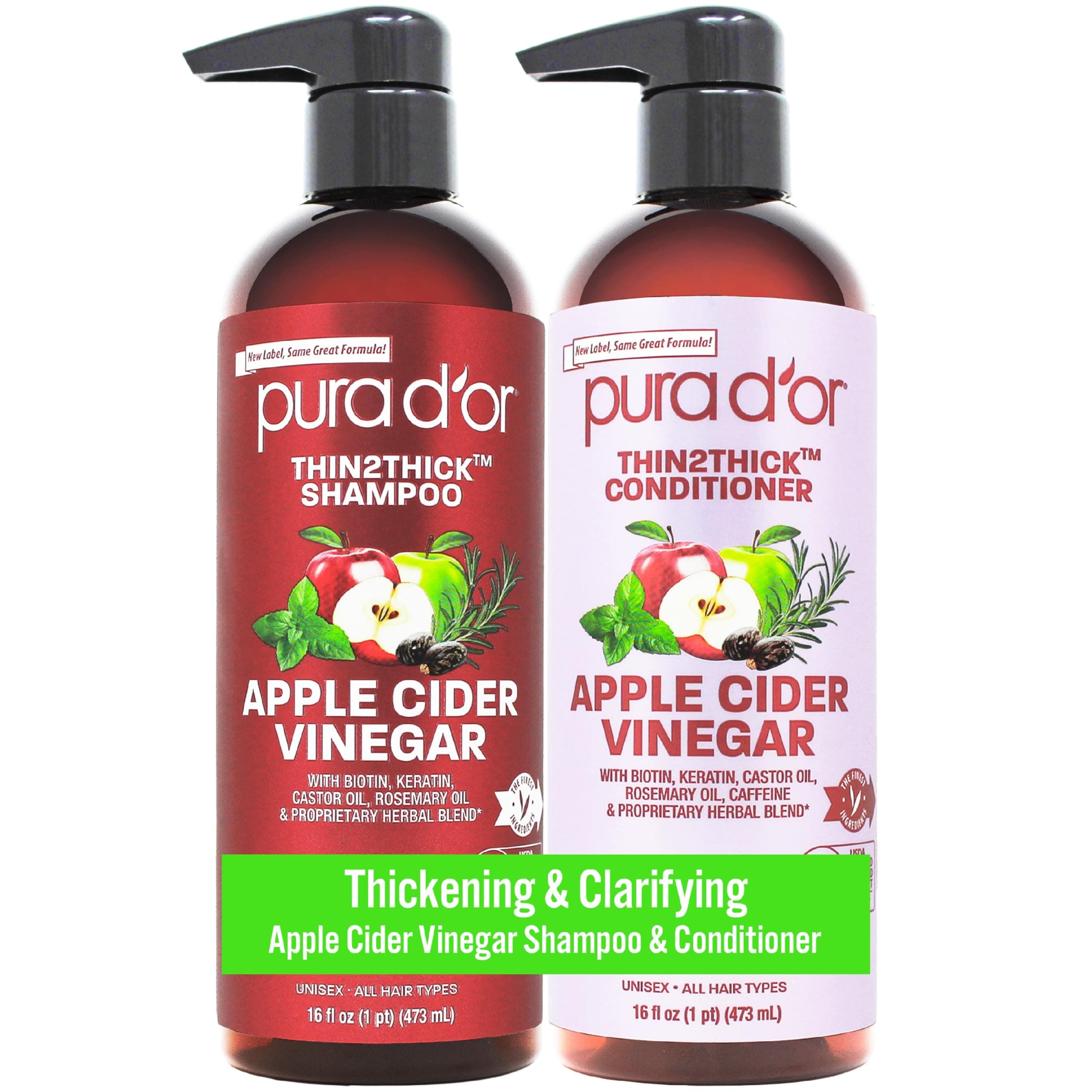 Apple Cider Vinegar Thin2Thick Set (16oz x 2) ACV Shampoo & Conditioner, Clarifying - Biotin, Keratin, Caffeine, Castor Oil, Aloe - All Hair Types, Men & Women (Packaging may vary)