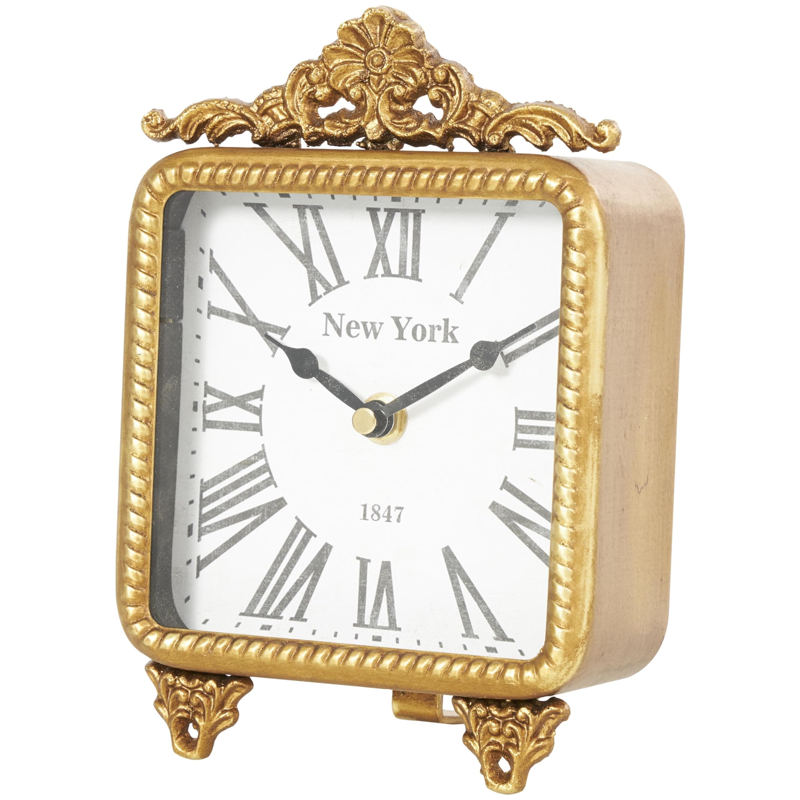 Metal Scroll Decorative Clock Antique Style Mantel Clock, Tabletop Clock 6" x 3" x 8", Gold