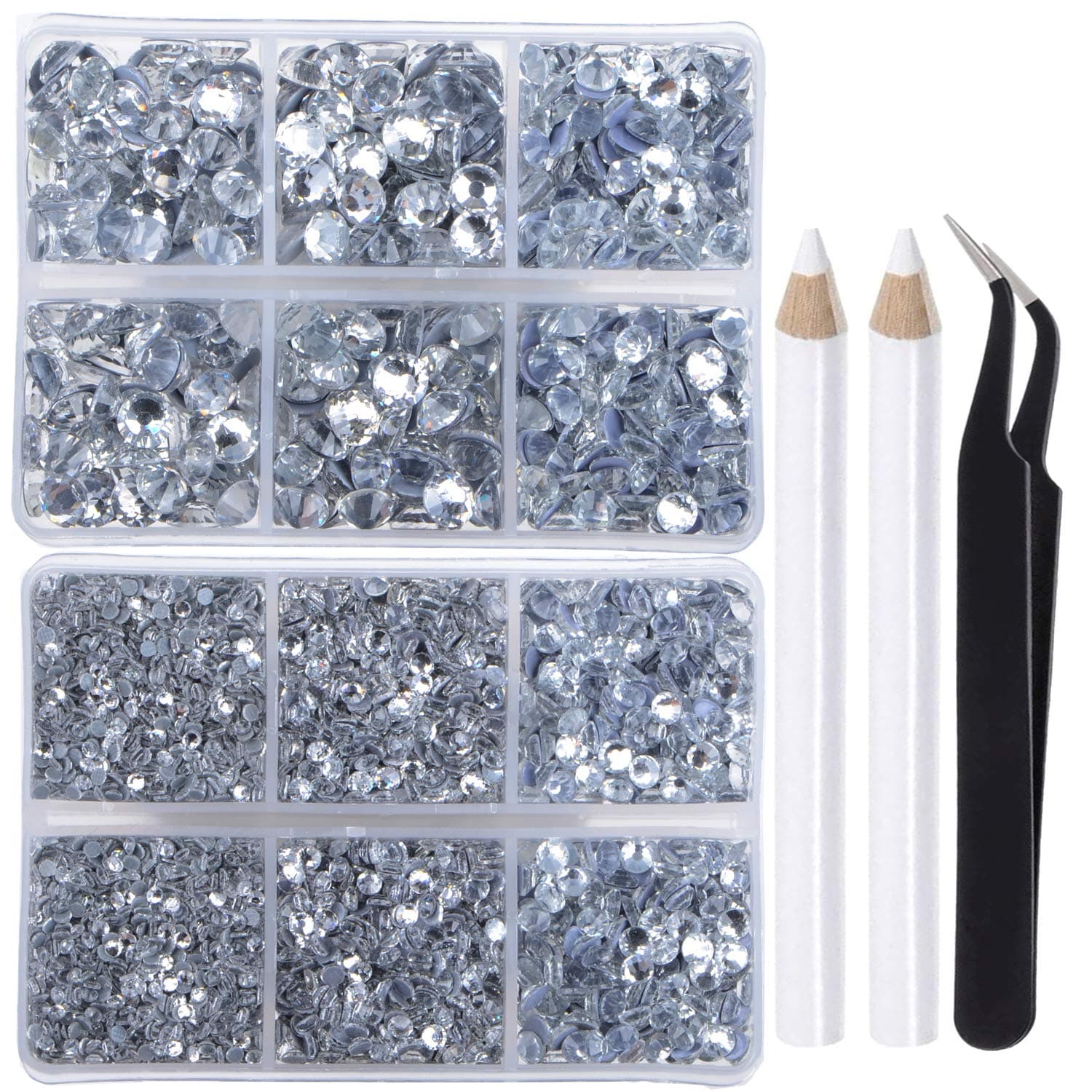 6400 Pieces Hotfix Rhinestones Clear Flat Back 5 Mixed Sizes Crystal Round Glass Gems with Tweezers and Picking Rhinestones Pen