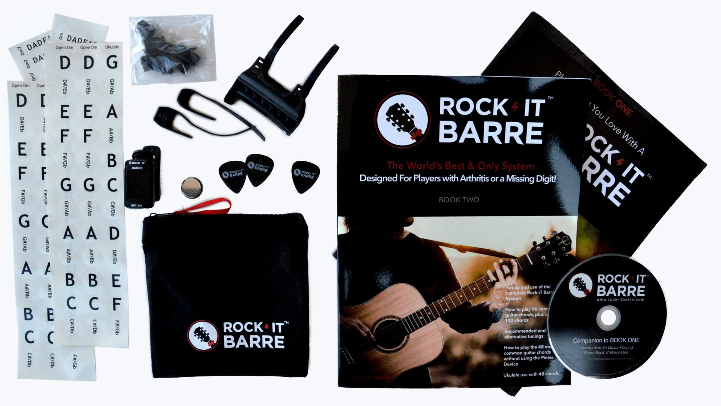 Rock-iT Barre Guitar Chord Device Advanced Plus Package w/Pinkie Attachments For Experienced Guitarists, W/Clear Black Stickers, Use On LIGHT INSTRUMENT NECKS (Black Device)