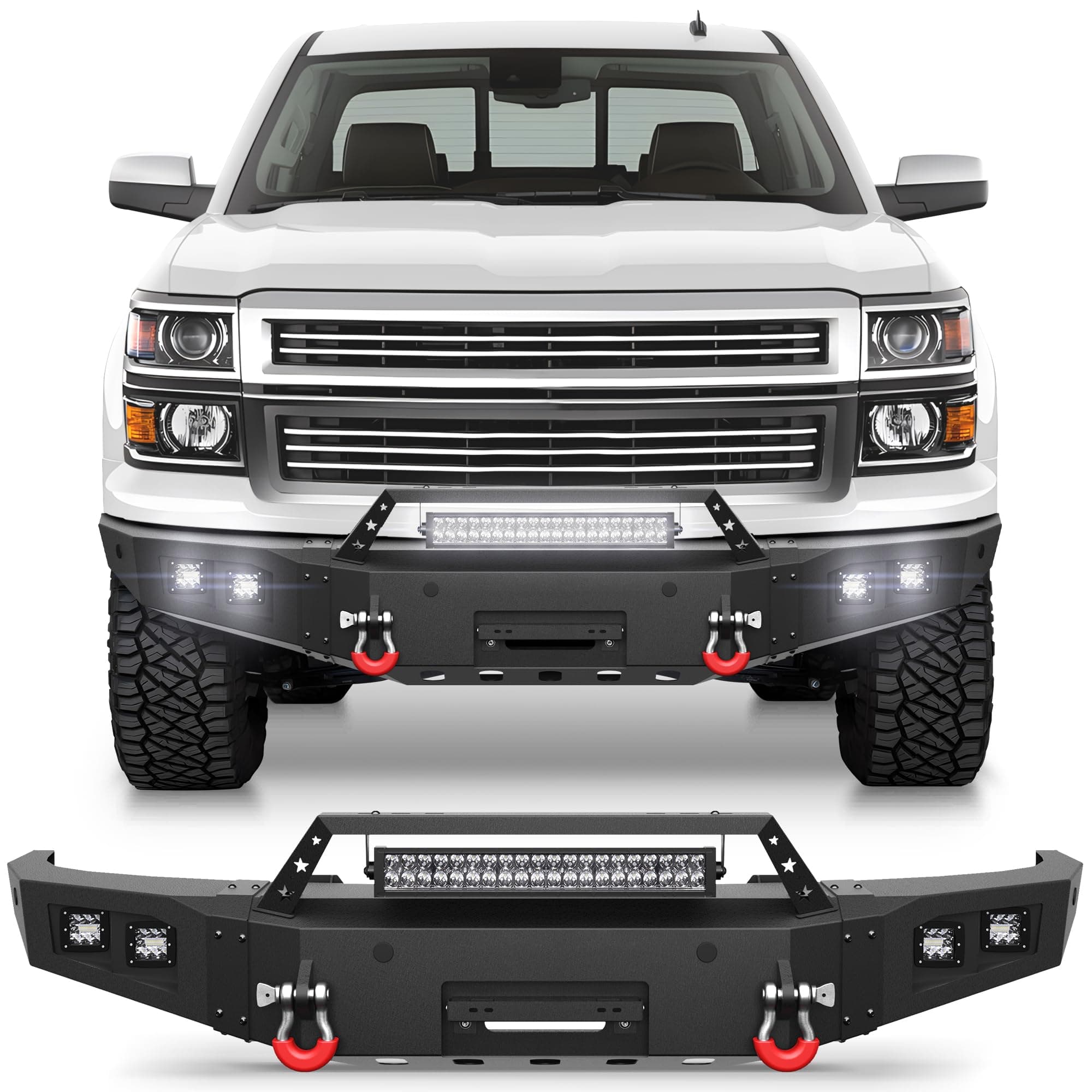 Front Bumper Fit for Chevy Silverado 1500 2014-2015, Pickup Truck Bumper Black with Winch Plate, D-ring and Lights (Compatible with Chevy Silverado 1500 2014 2015