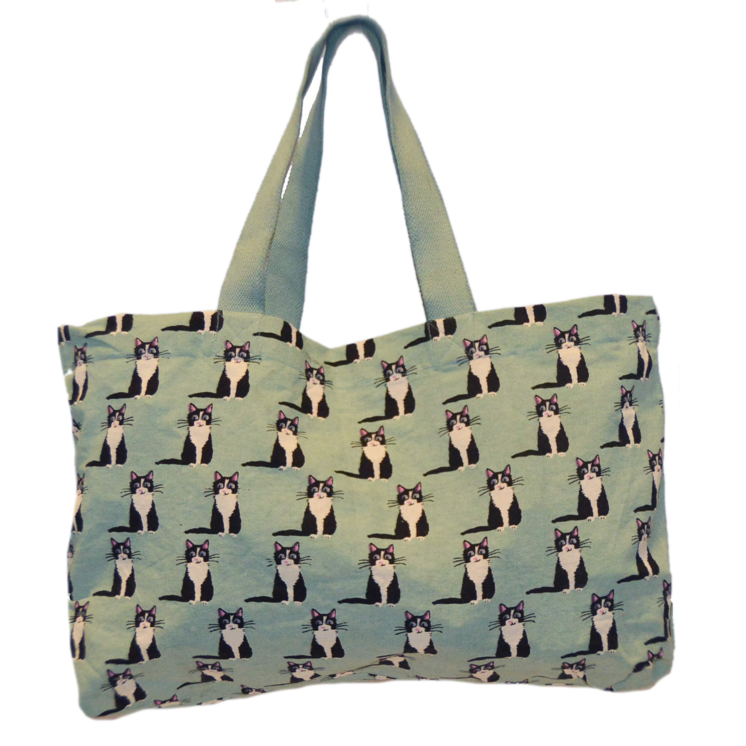 Large Tote Bag - Black Cat Print on Mint Canvas, Multipurpose Cotton Travel Shopper Bag