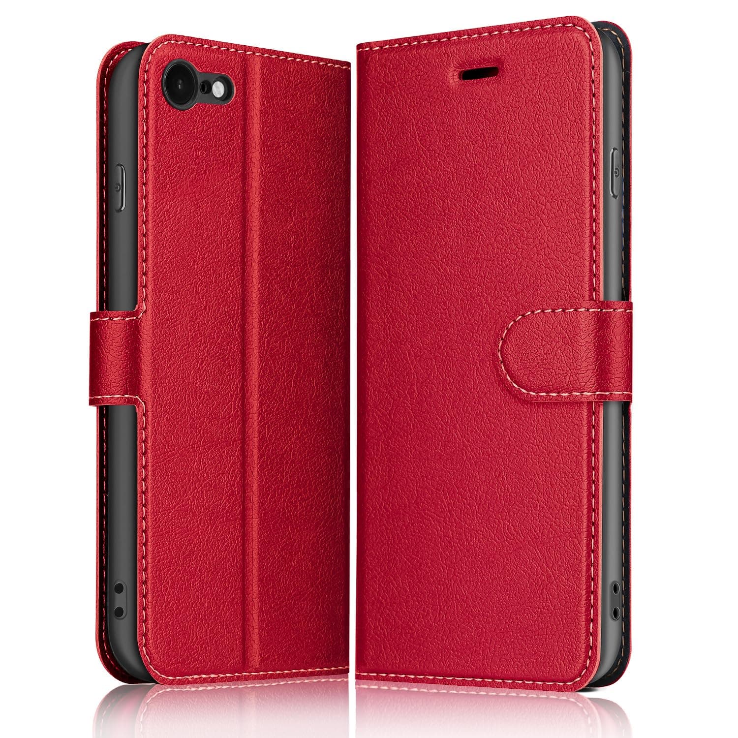 ELESNOW Case Compatible with iPhone SE 2022 / 2020 / 7 / 8, Leather Flip Wallet Phone Case Cover (Red)