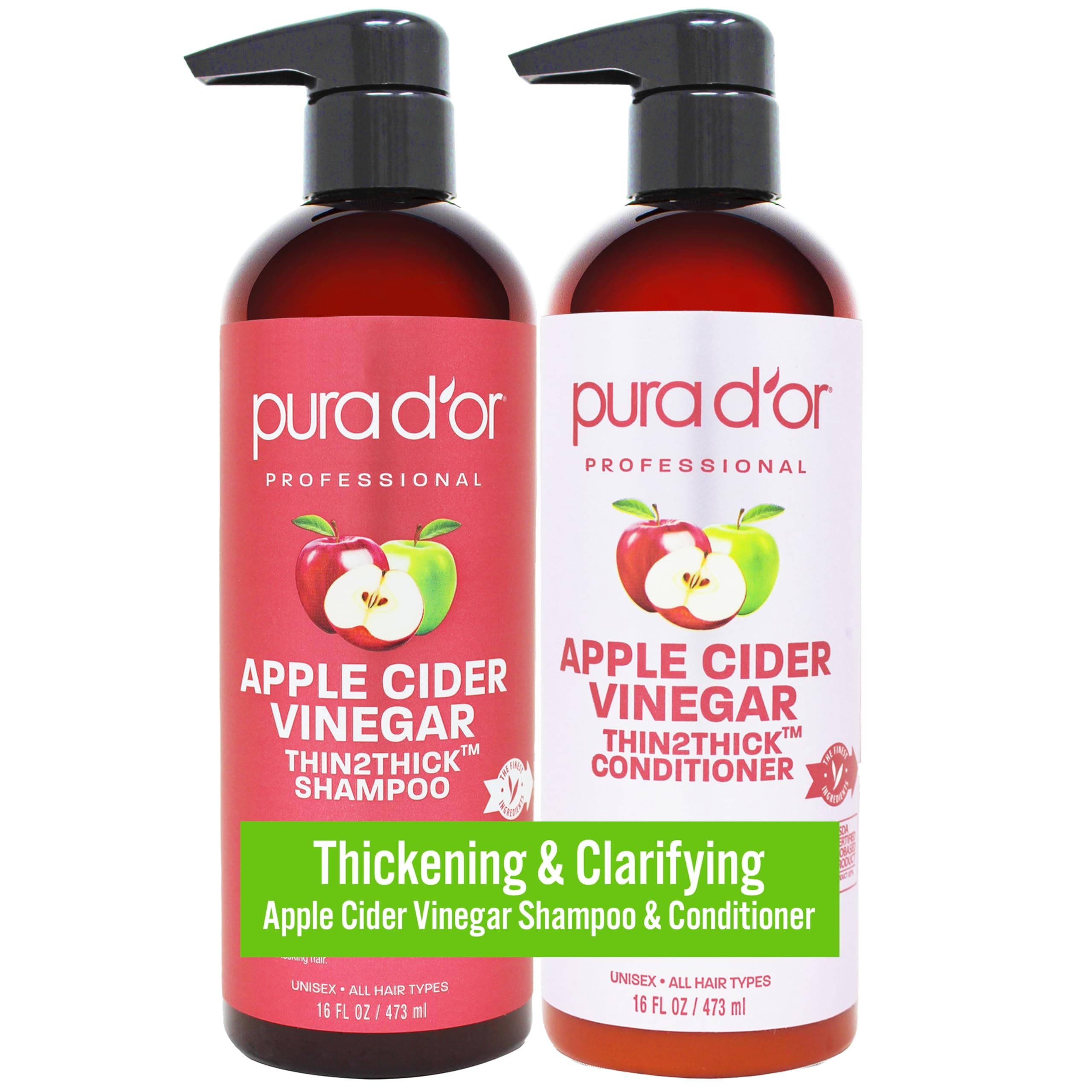 - PURA D'OR Apple Cider Vinegar Thin2Thick Set (16oz x 2) ACV Shampoo & Conditioner, Clarifying - Biotin, Keratin, Caffeine, Castor Oil, Aloe - All Hair Types, Men & Women (Packaging may vary)