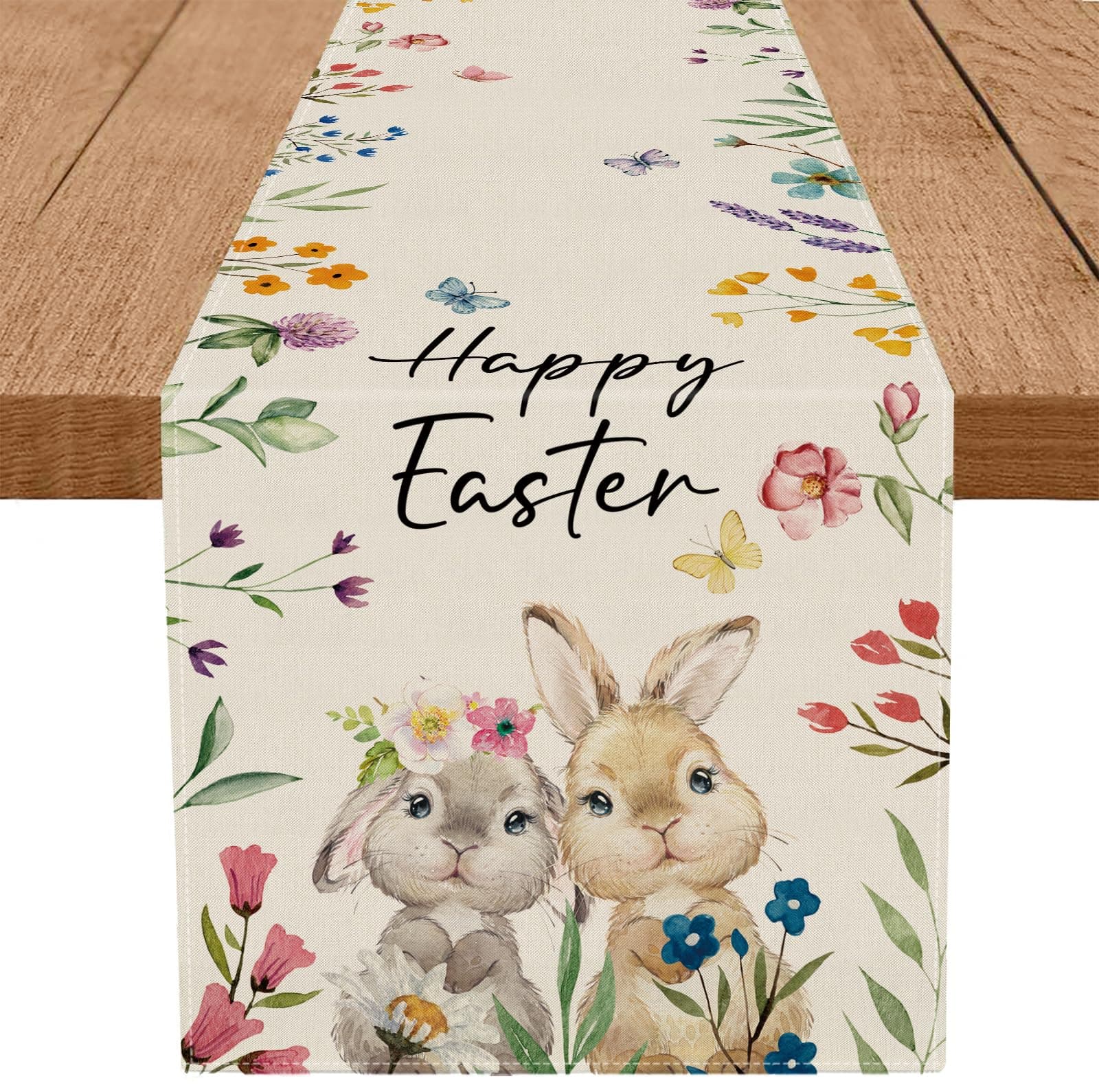 GPGHE Happy Easter Table Runner Bunny Floral Butterfly Spring Holiday Farmhouse Kitchen Indoor Outdoor Decoration 13 x 72 Inch