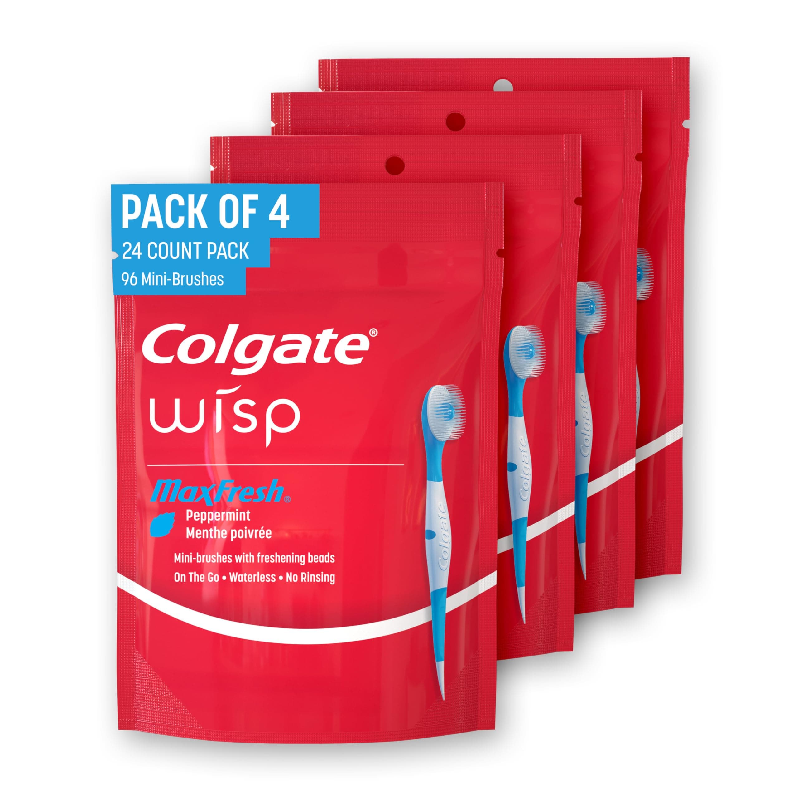 Colgate Max Fresh Wisp Disposable Mini Travel Toothbrushes, Peppermint, 24 Count (Pack of 4)