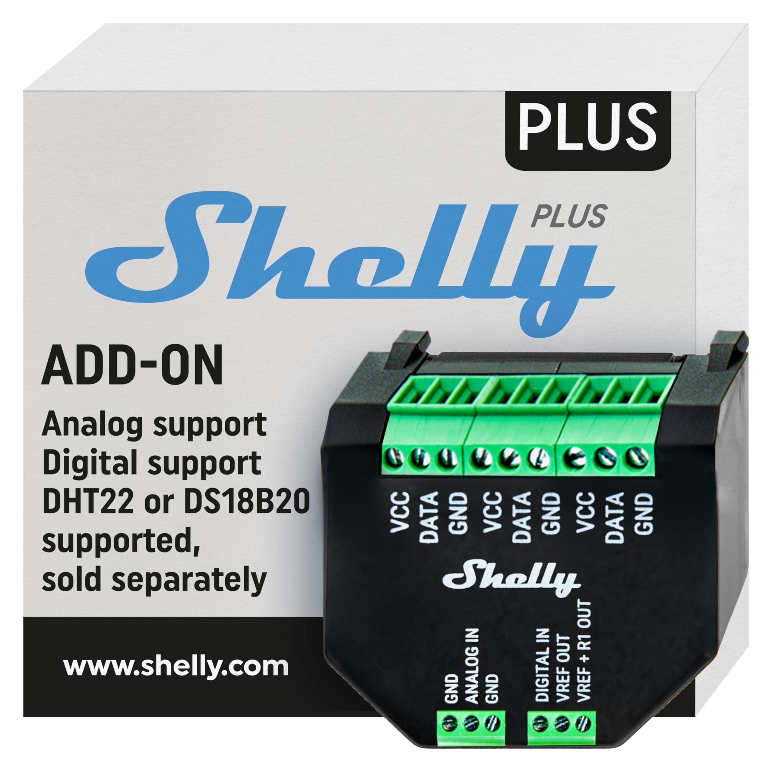 Plus Add-On | Add-On for Shelly Plus & Gen3 Devices | Temperature and Humidity Sensor Interface | Home Automation | DS18B20, DHT22 & Arduino Sensors | Analog and Digital Input | No Hub Required