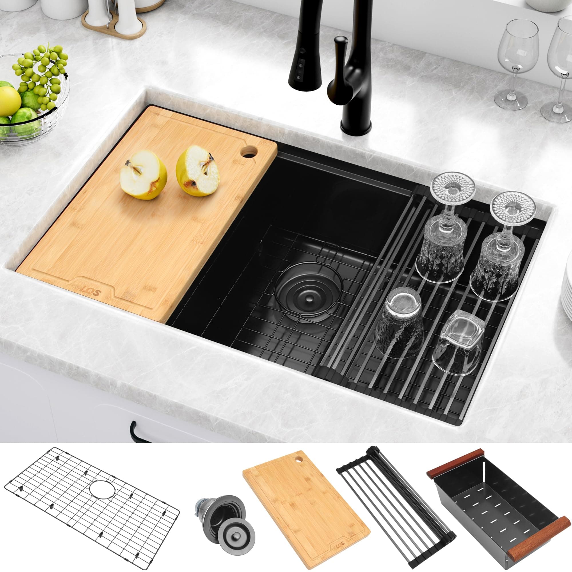 LQS Black Undermount Kitchen Sink, 32 Inch Undermount Kitchen Workstation Sink with X-Shaped Drain Line, 10 Inch Deep Single Bowl Black Kitchen Sinks For Modern Kitchen