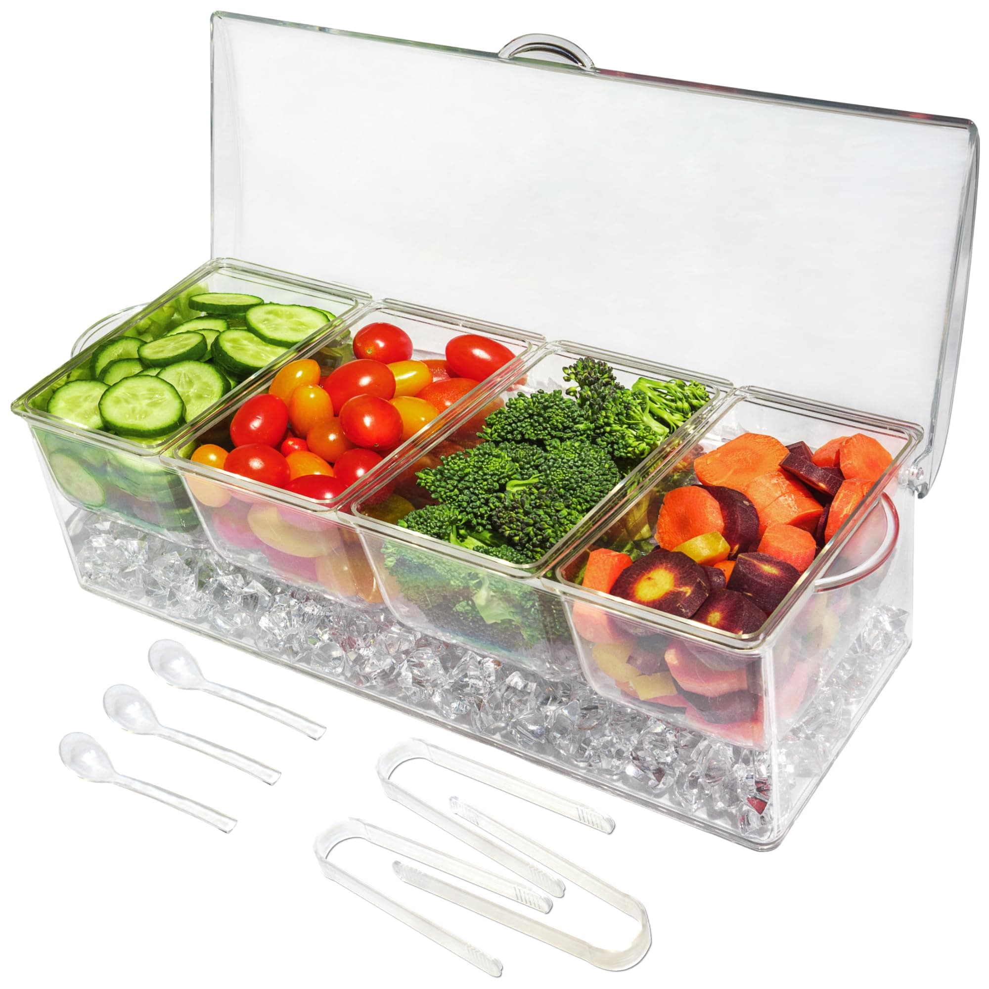 Ice Chilled 4 Compartment Condiment Server Caddy - Serving Tray Container with 4 Removable Dishes and Hinged Lid | 3 Serving Spoons + 3 Tongs Included