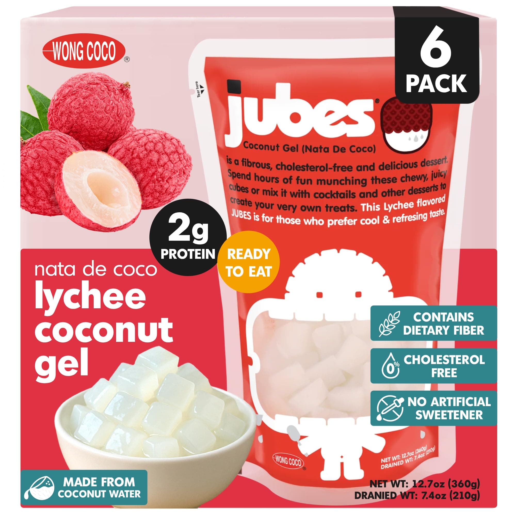 Jubes Lychee Nata De Coco Jelly Cubes (12.7 oz, Pack of 6) - Lychee Coconut Jelly Cubes for Sago - Coconut Gel in Syrup Toppings for Fruit Tea, Boba, Bubble Tea, Drinks, Desserts Yogurt, Ice Cream