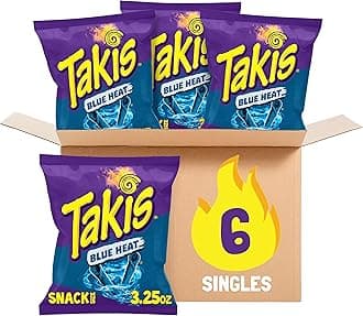 Takis Blue Heat 6 pc / 3.25 oz Snack Size Case, Hot Chili Pepper Flavored Extreme Spicy Rolled Tortilla Chips