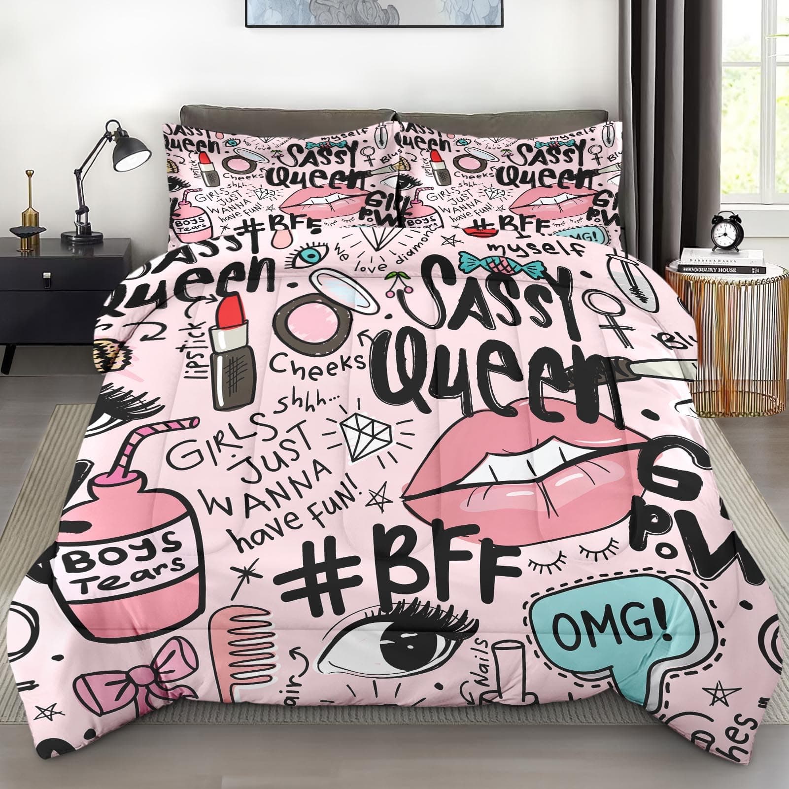 Comforter Set Queen Size, Makeup Pink Queen Soft 3 Pcs Bedding for Kids and Adults, Women Diamond Cute Comforter Set with Pillowcase, for Bedroom Bed Decor