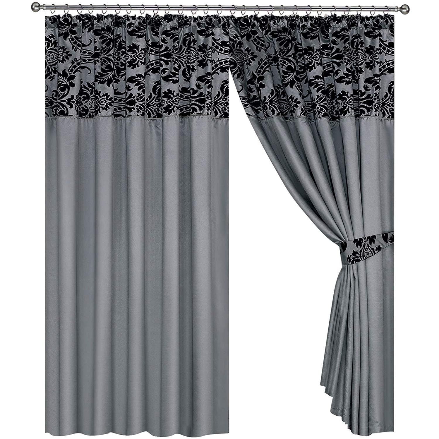 M Premier Half Flock With Plain Design Damask Pencil Pleat Curtains - Silver Grey Black (90" X 90" (230cm X 230cm))