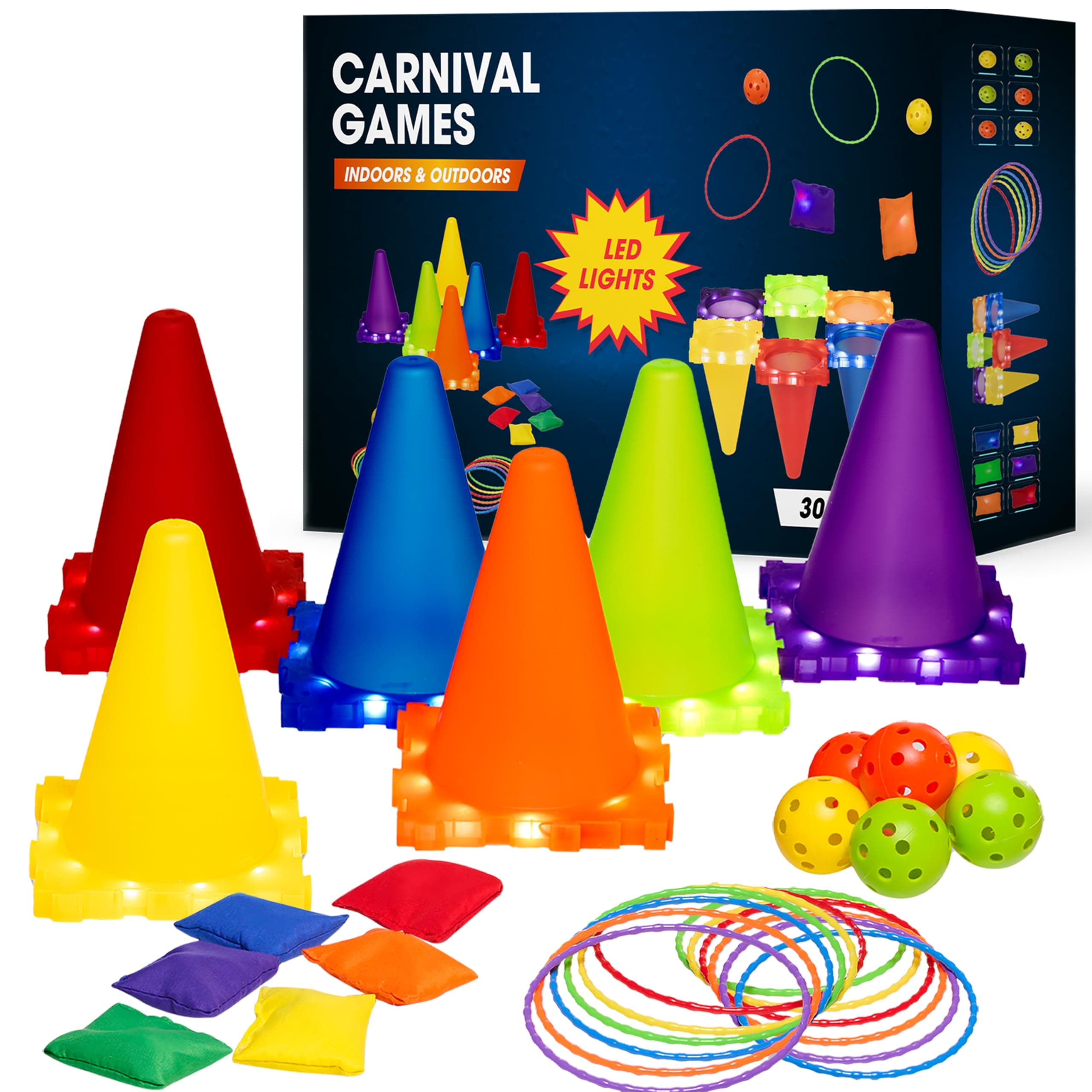 Plastic Cones and Rings with LED Lights, Ring Toss 3 in 1 Game for Adults Carnival Game for Kids, Ring Toss,Balls and Bean Bag Hard Plastic Cones Birthday Party, Gift Kids Age 4 5 6 7 8 9 and Up