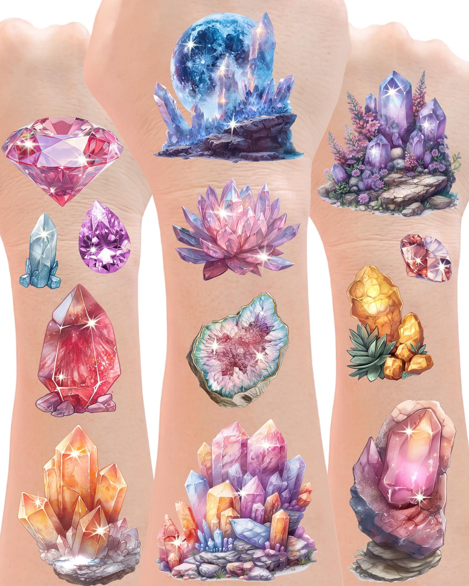 20 Sheets 244 PCS Crystal Temporary Tattoos,Realistic Design for Gem Rock Temporary Tattoos, Diamond Decorations for Party, Geology Party Supplies