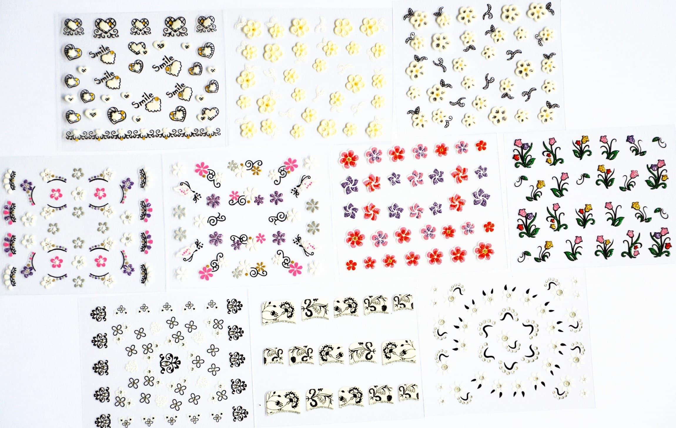 10pcs/package nail stickers decals multi mix designs including black flowers/white flowers with gold/french semi-paste nail decals/colorful flowers/glitter flowers/etc.