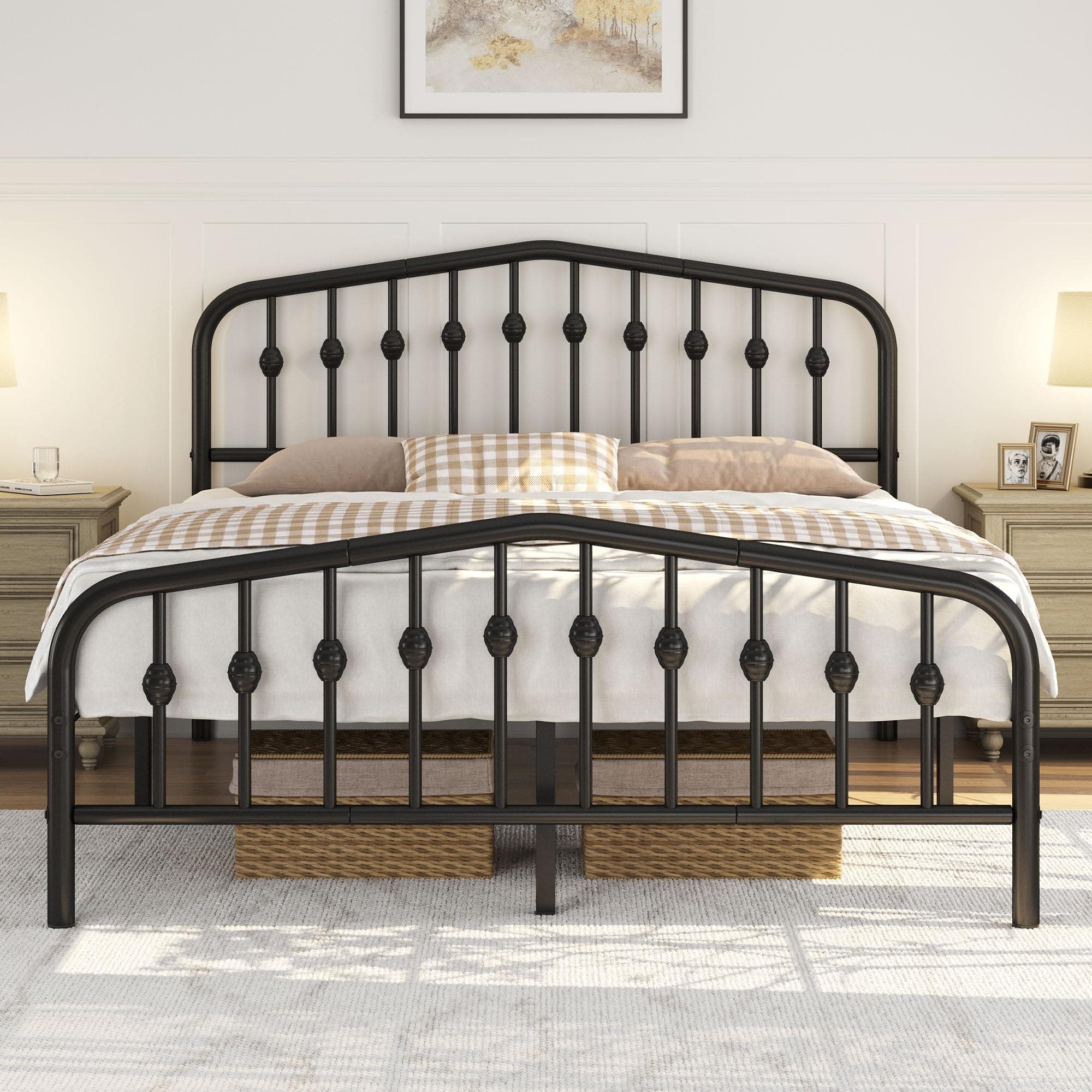 Yaheetech 5ft King Bed Frames Slatted Metal Bed with Crown-inspired Design Headboard/Spacious Under-bed Storage Black