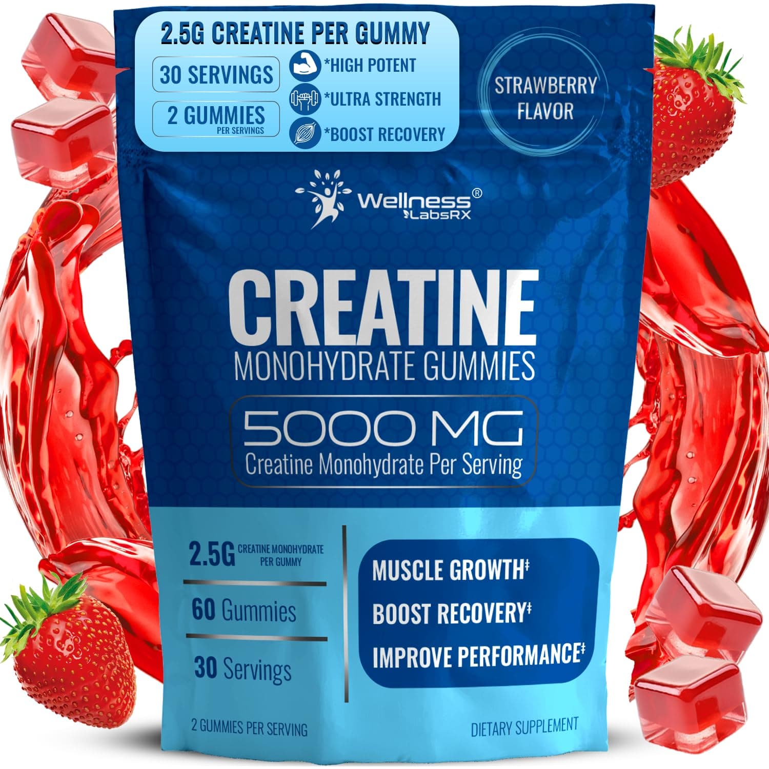 Creatine Gummies 5000mg, 30 Servings Creatine Monohydrate Gummies - Third-Party Tested Creatine for Women, Strawberry Flavor Creatine for Men, Muscle Growth, Strength, and Recovery - Pack of 1