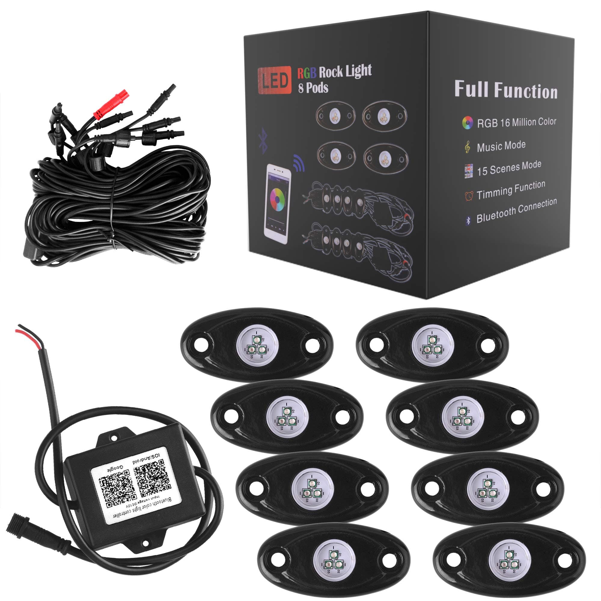 LED Rock Light Kits with Bluetooth Cell Phone Control RGB Music Mode & Flashing for Car Jeep Off Road Truck ATV SUV Boat Underbody Glow Trail Rig Multicolor Neon Lamp Waterproof