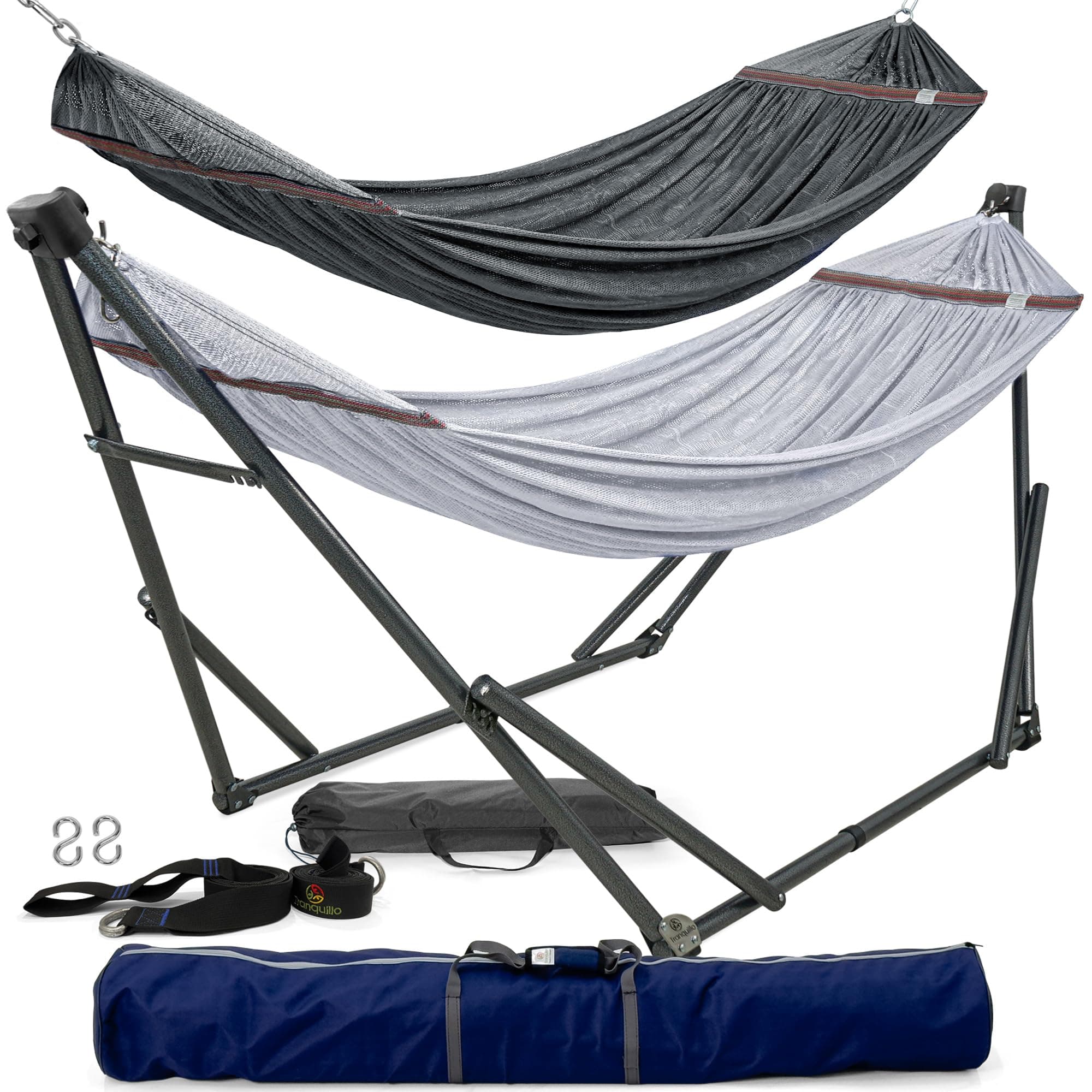Tranquillo Combo x2 Hammocks with Stand for Outside & Tree Straps, Heavy Duty Hammock with Stand 600lbs for Indoor Outdoor Patio Backyard, x2 Hammocks for 2 Person (Combo - Grey, Medium)