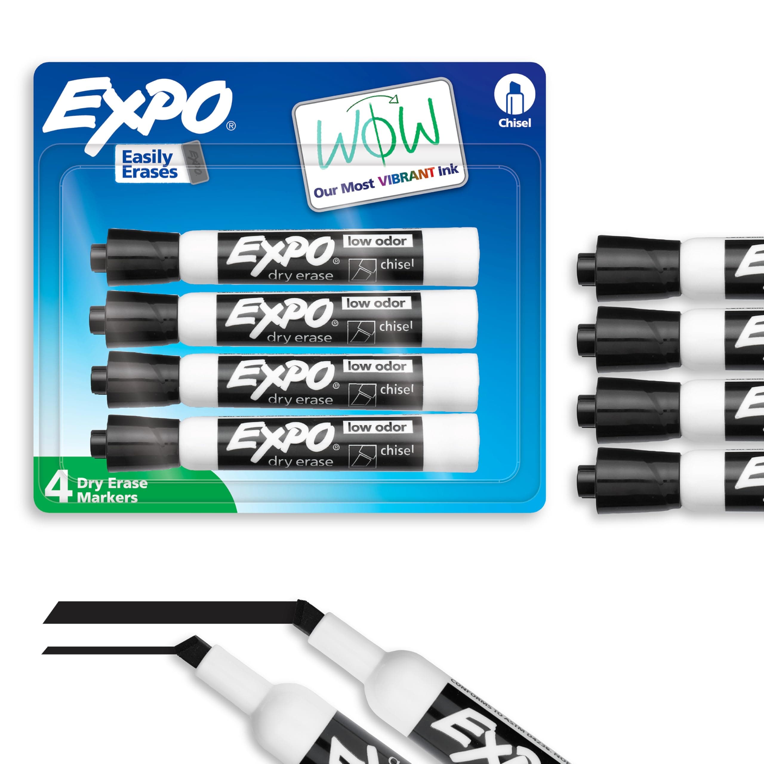 Dry Erase Markers, Low Odor Ink, Black, Chisel Tip, 4 Count - Whiteboard, Calendar, Organization, Essential Supplies for Office, School, Classroom, Teachers