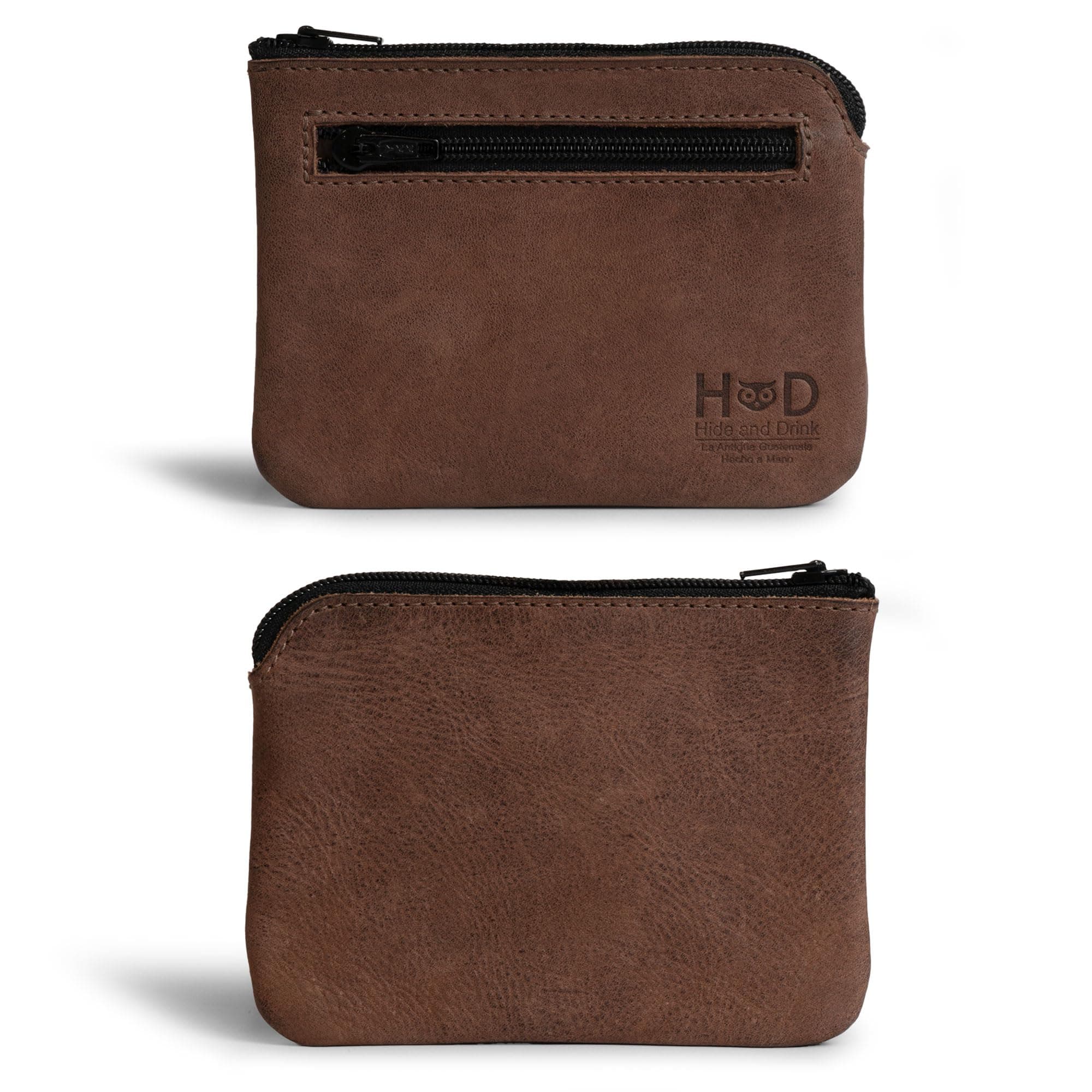 Hide & Drink, Rectangular Zippered Pouch, Compact Bag for Coins, Small Personal Items, Cash & Card Holder, Full Grain Leather, Handmade, Bourbon Brown