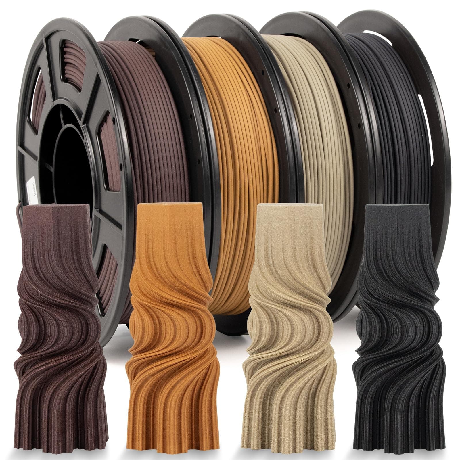iSANMATE 3D Printer Filament Bundle - Pla Filament with Wood, Pine, Sandal, Yellow Pear, and Ebony - 1.75mm, 250g x 4 Pack (20% Wood Powder + 80% PLA+)